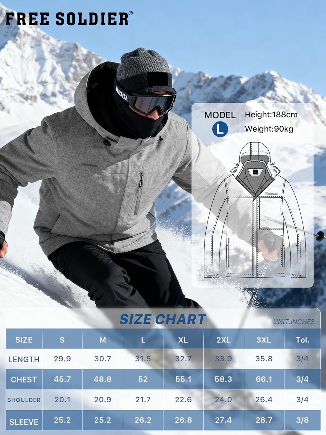 FREE SOLDIER Men's Waterproof Ski Snow Jacket Fleece Lined Warm Winter Rain Jacket with Hood Fully Taped Seams - Image 8