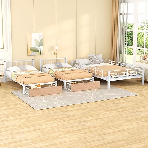 Miniatura 226 de Litera en forma de L individual sobre cama matrimonial adjunta, litera triple de metal con escritorio y tobogán integrados, marco de literas de