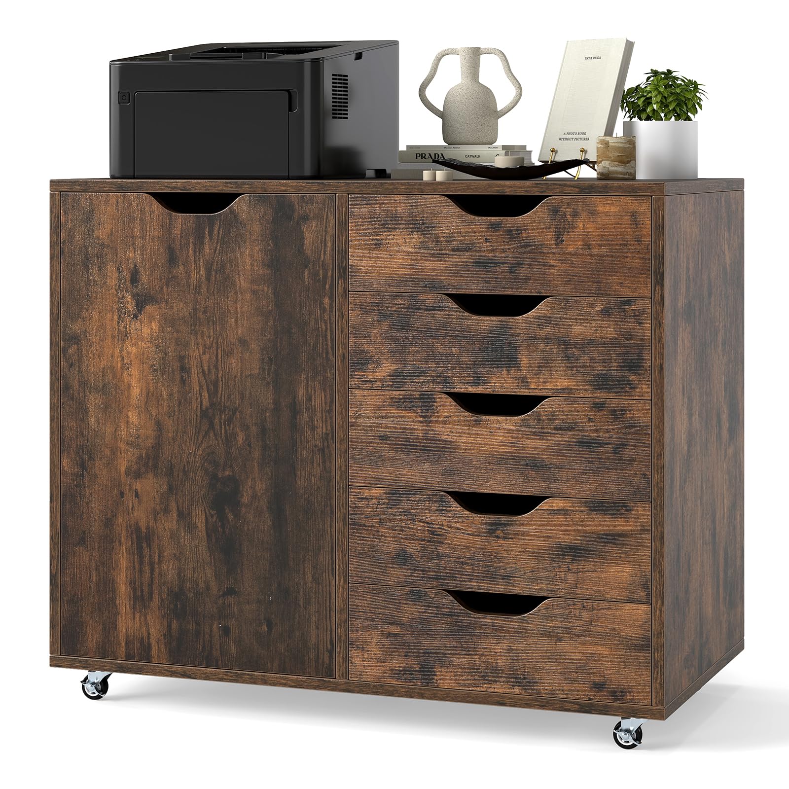 GIANTEX Rollcontainer mit 5 Schubladen & Schrank, Aktenschrank mit Rollen, Schubladenschrank Holz unter Schreibtisch, Druckertisch für Zuhause & Büro (Braun, 78 x 40 x 65 cm)