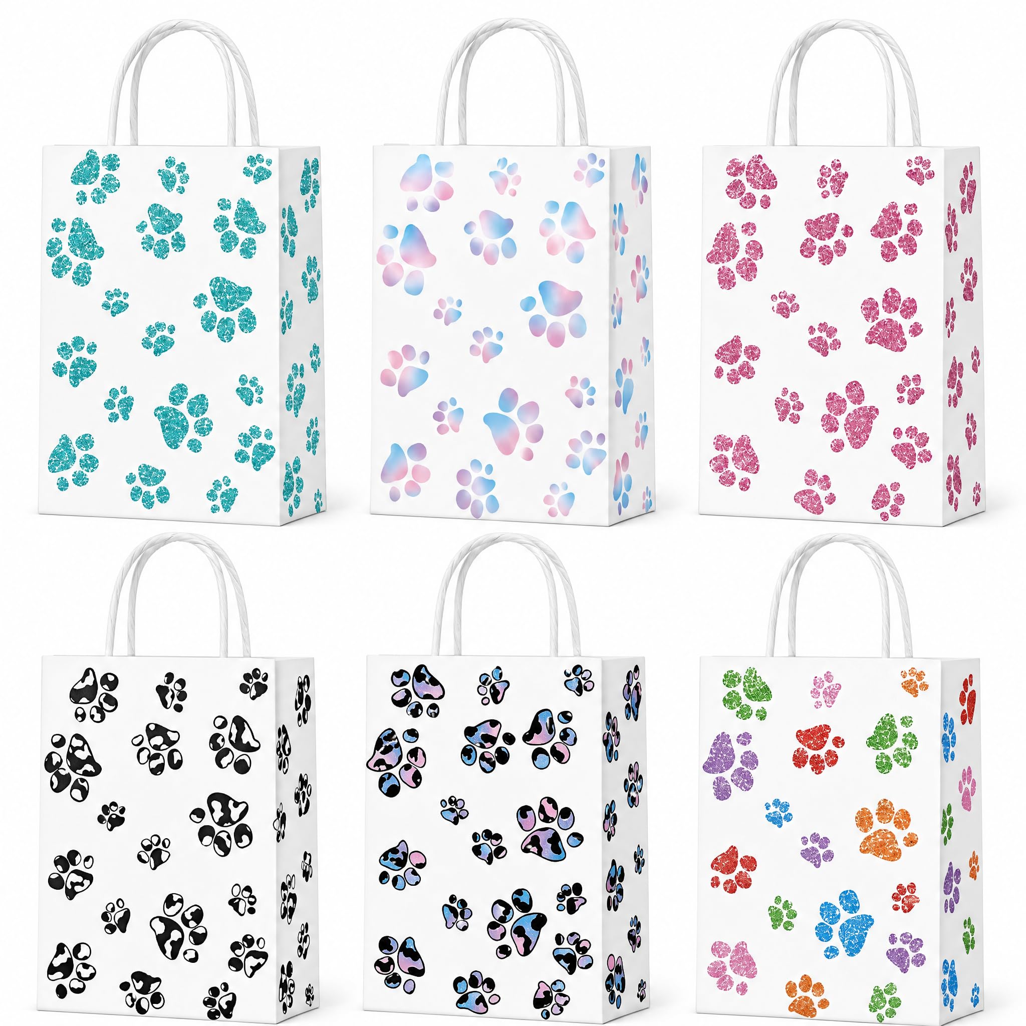 Hnycsir 6 Pcs Gift Tote Bags (22x16x8cm), Premium White Cardboard Party Favour Bags, Cute Compact Loot Bags for Pet Treats,Retail Packaging,Jewelry,Kids Birthday & Boutique (Animal Paw Print)