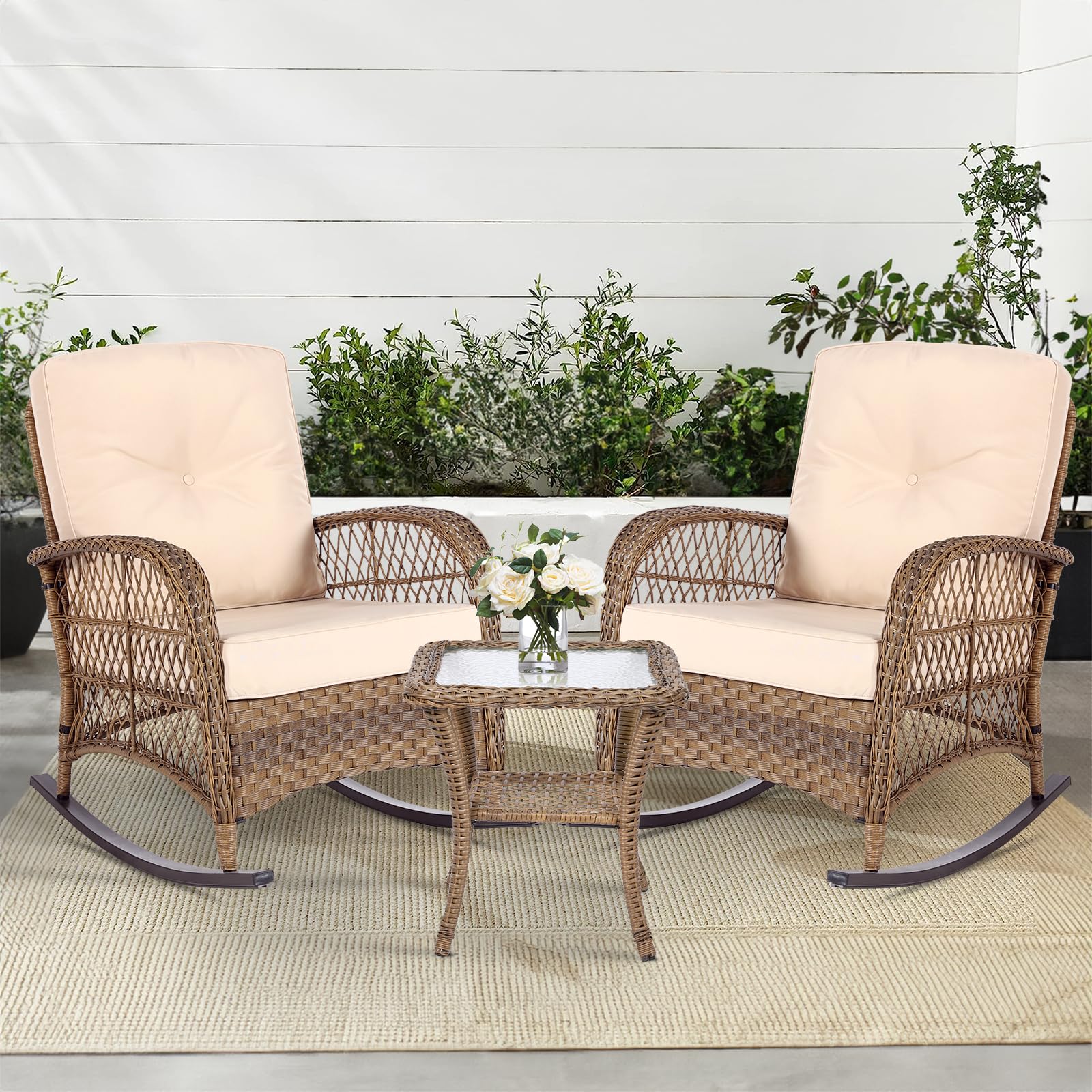 MEETWARM 3 Pieces Outdoor Wicker Rocking Chair Set, Rattan Patio Rocker Chairs Set with Cushions and Glass-Top Coffee Table, Conversation Bistro Set for Porch &amp; Backyard - Beige