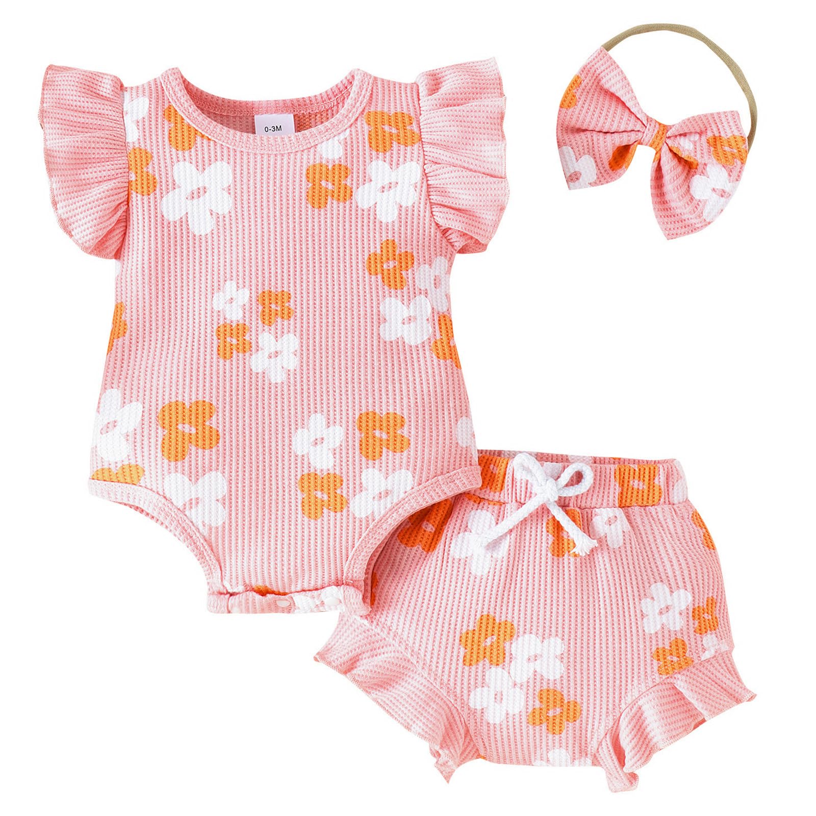 Kunyeah Ropa de Verano para Bebé Niña Mono de bebé con Mangas de Volantes Shorts Florales con Diadema de Lazo Monísimo Body para recién Nacido