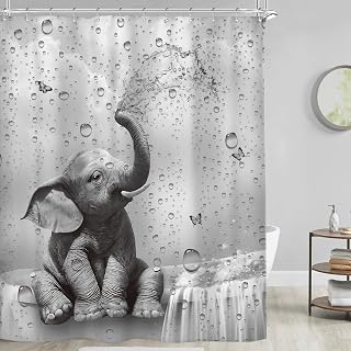 Riyidecor Funny Elephant Shower Curtain African Animal Playing Water Cute Wild Butterfly Raindrop Grey Wildlife Kids 60Wx72H Inch Hilarious Fabric Decor Bathroom Polyester Waterproof 12 Pack Hooks