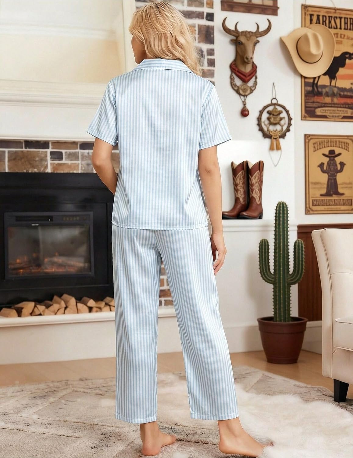 ALLTB Womens Satin Silk Pajama Set 2 Piece Button Down Pajamas Short Sleeve Shirt Long Pant Silk Sleepwear Set - Image 6