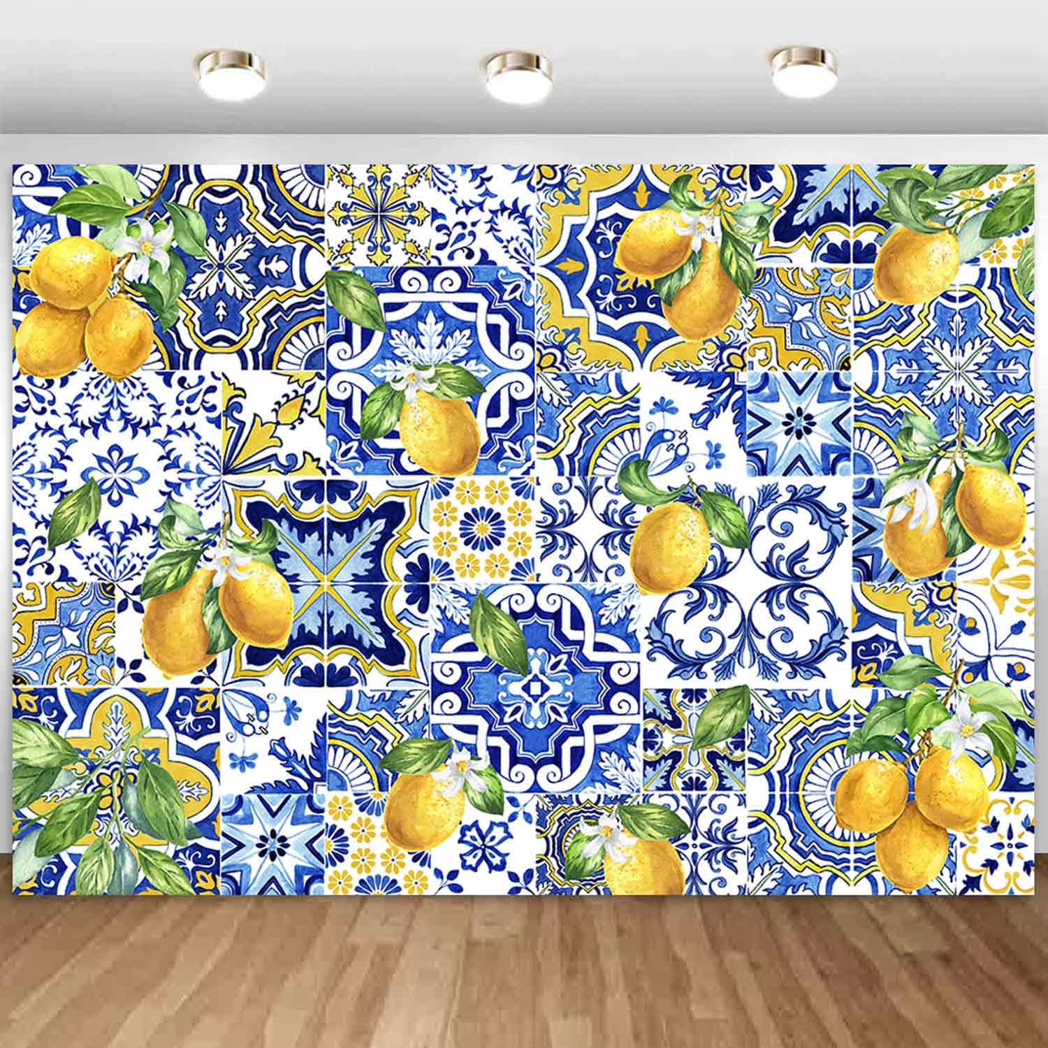 Ayayiya 7x5ft Blue Tiles Lemon Backdrop Summer Fruit Birthday Baby Shower Decorations Blue Yellow Lemon Floral Bridal Shower Wedding Party Photography
