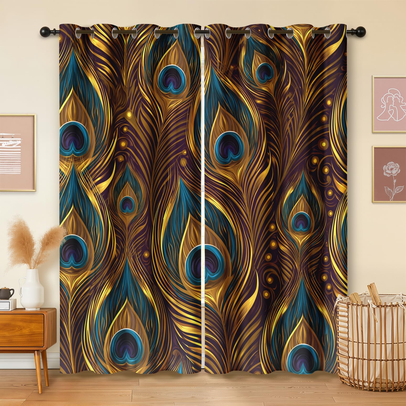 Havenix Luxury Peacock Feather Blackout Curtains for Bedroom Living Room, Eyelet Curtains 90x108, Thermal Insulated Drapes for Windows, Art Deco Gold and Teal Window Treatments, 2 Panels
