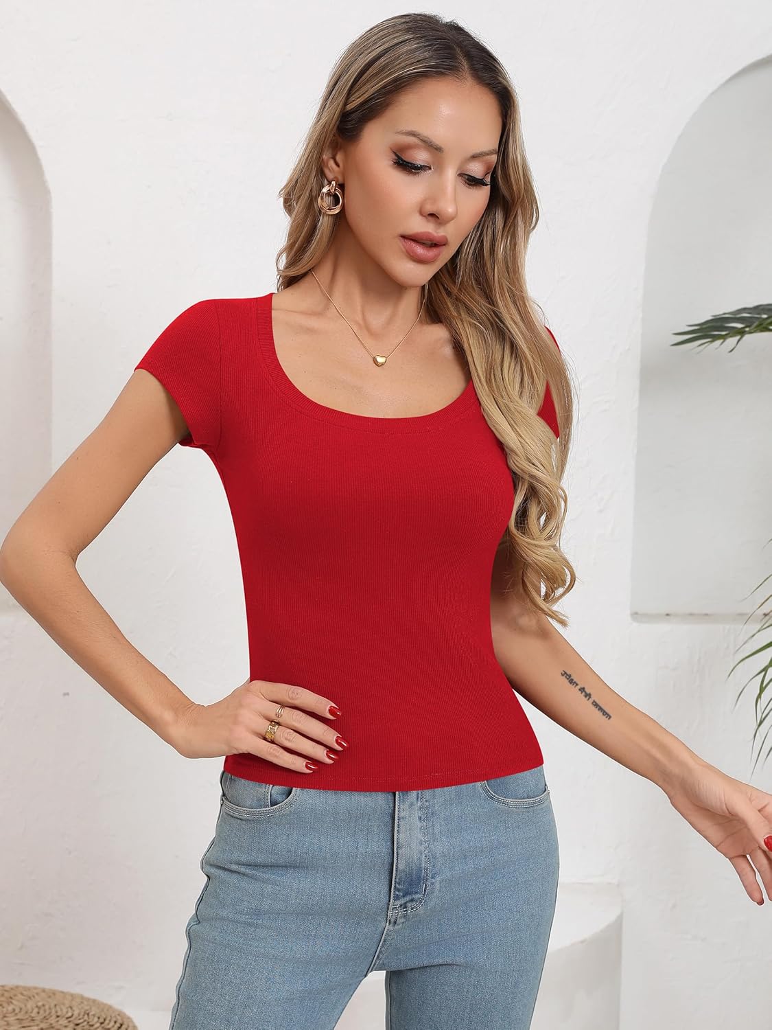 Missufe Women's Scoop Neck Short Sleeve Ribbed Knit Slim Fit Casual Basic T Shirt Crop Top 2025 Trendy Outfits - Image 3