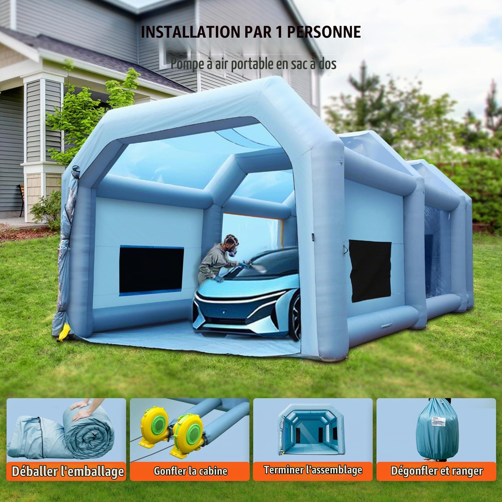 VEVOR Cabine de Peinture Gonflable 10x6x4 m Tente Peinture Gonflable Automobile en Tissu Oxford 210D avec Système de Filtration 2 Souffleurs Station de Travail pour Pose de Peinture Atelier Garage