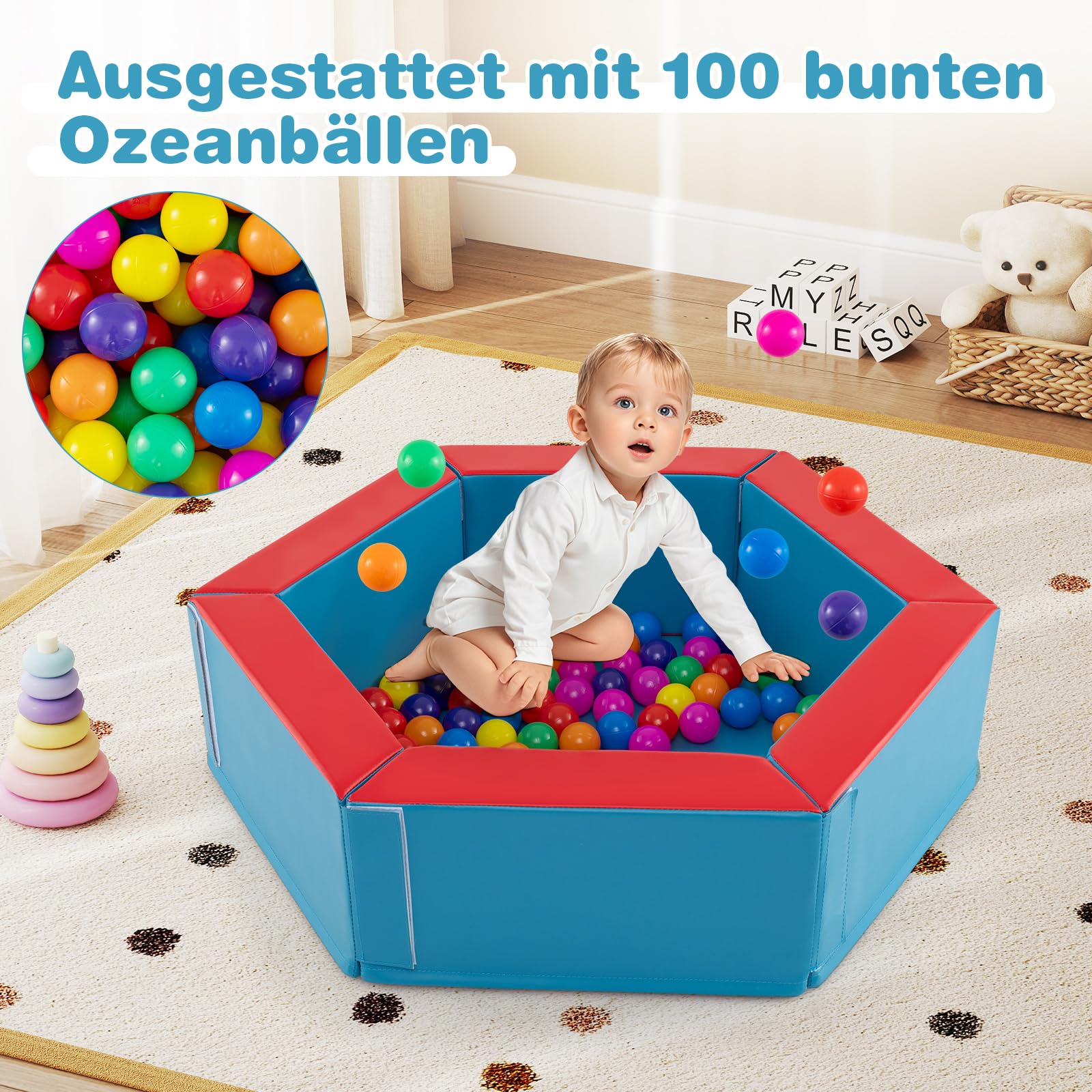 DREAMADE Bällebad Baby, 3 TLG. Softbausteine Set mit 100 bunten Bällen, Indoor Kletterblöcke mit Kunstlederbezug & Klettverschlüssen, Spielplatz aus Schaumstoff für Kinder ab 1 Jahr