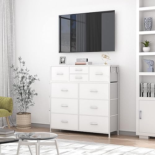 Miniatura 3 de Himusi Cómoda para dormitorio con 10 cajones torre de almacenamiento de tela con bolsillos laterales cómoda alta para guardería pasillo armarios gris