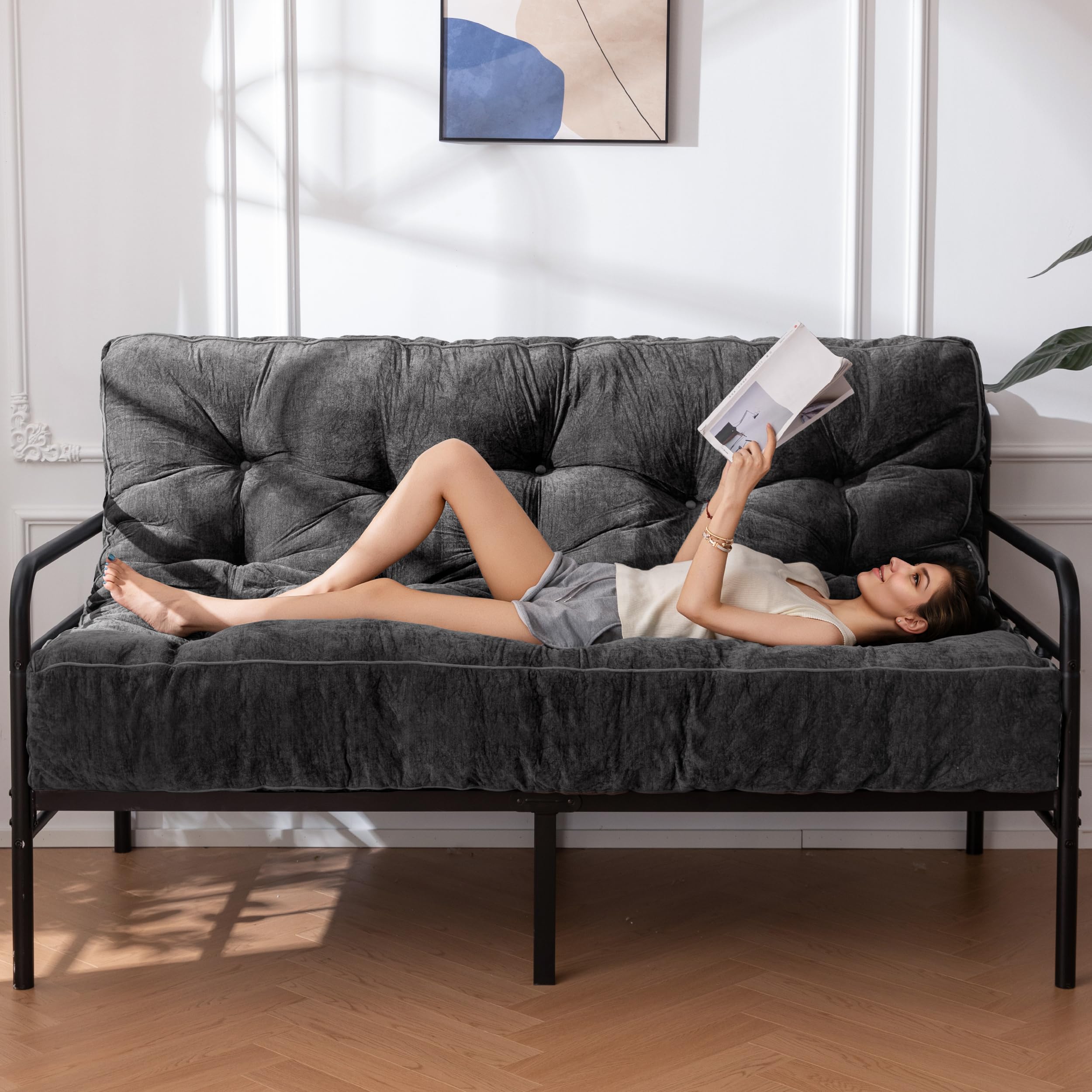YOSHOOT 8 Inches Futon Mattress Full Size, Thick Futons Sofa Couch Bed, Chenille Fabric Floor Mattress for Adults, Shredded Foam Filling, Medium Firm(Frame Not Included), Dark Grey, 54