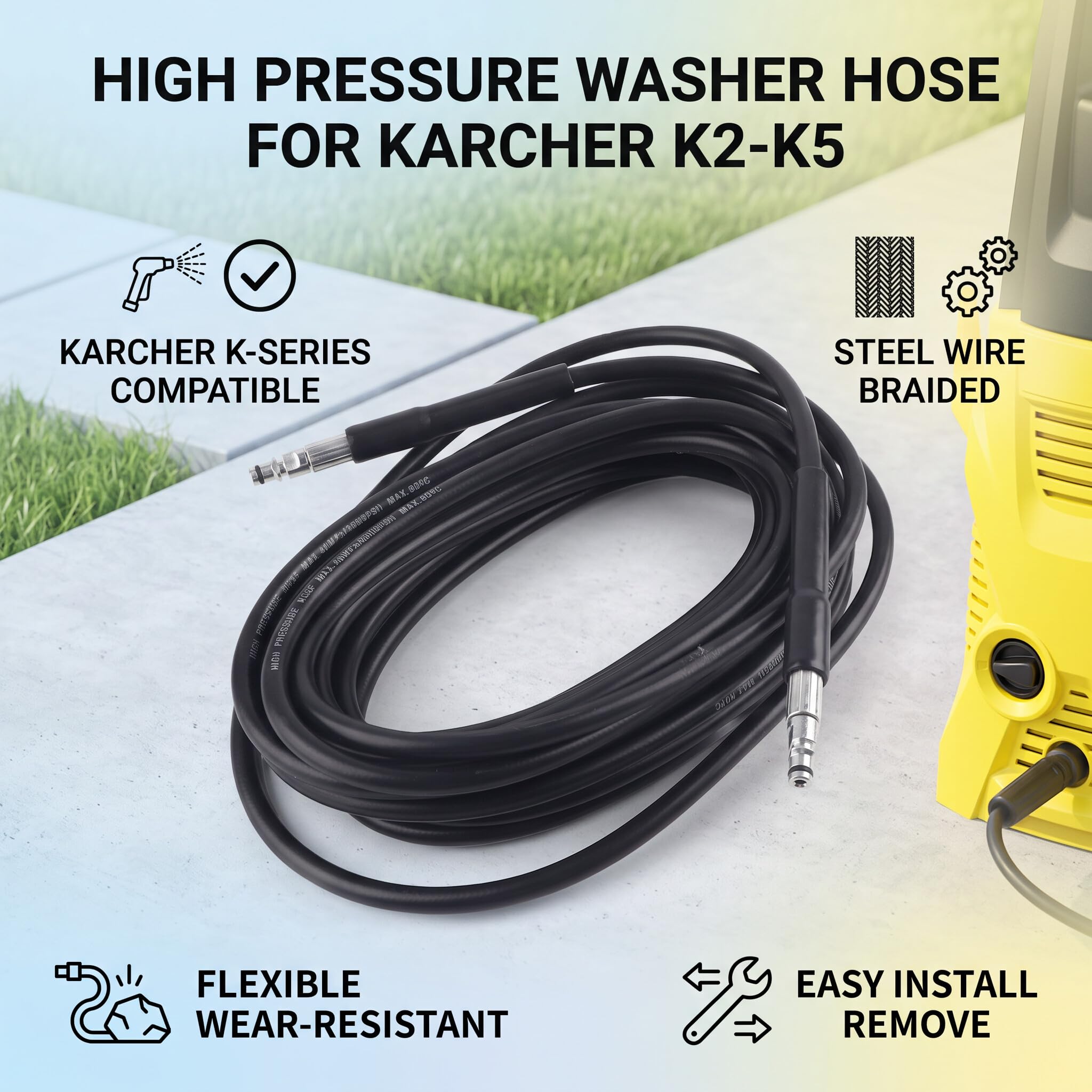 Zerone Manguera de agua de repuesto de alta presión, trenzado de alambre de acero, manguera de limpieza de alta presión, tubo de tubería para Karcher K2 K3 K4 K5 K Series (10 m, negro)