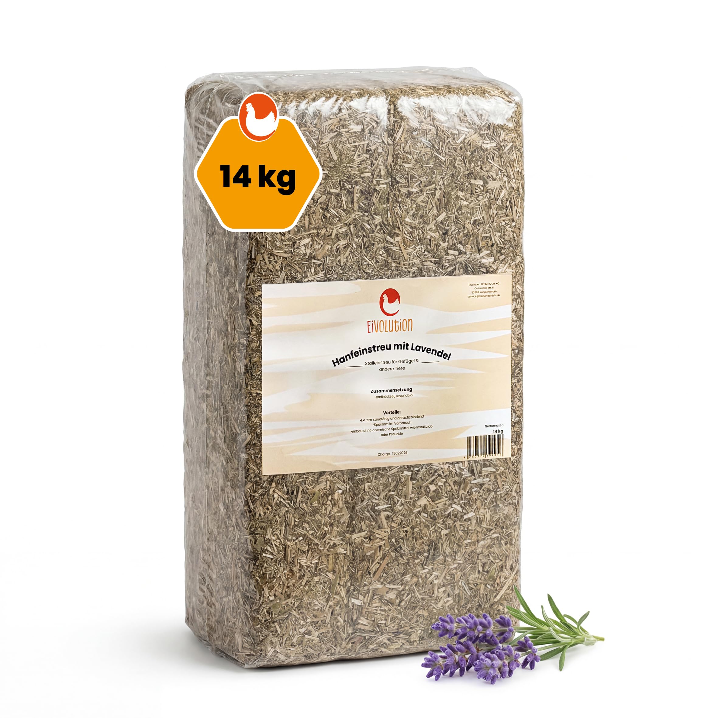 eivolution Hanfeinstreu mit Lavendel - 14 kg Ballen - staubarm, hohe Saugkraft, ca. 140 L Streuvolumen
