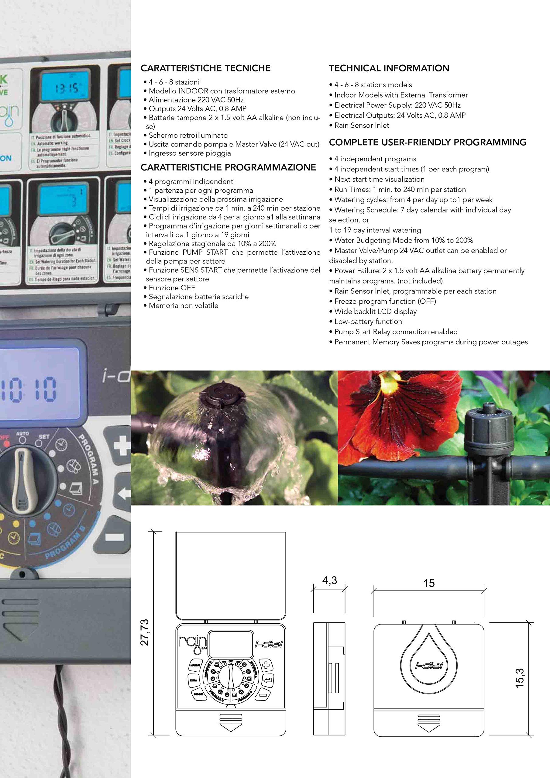 Centralina Irrigazione Elettrica I-Dial Rain 4 Vie 24 VAC Con Trasformatore Esterno + 4 elettrovalvole| Ampio Display Retroilluminato| 4 Cicli d'Irrigazione Indipendenti