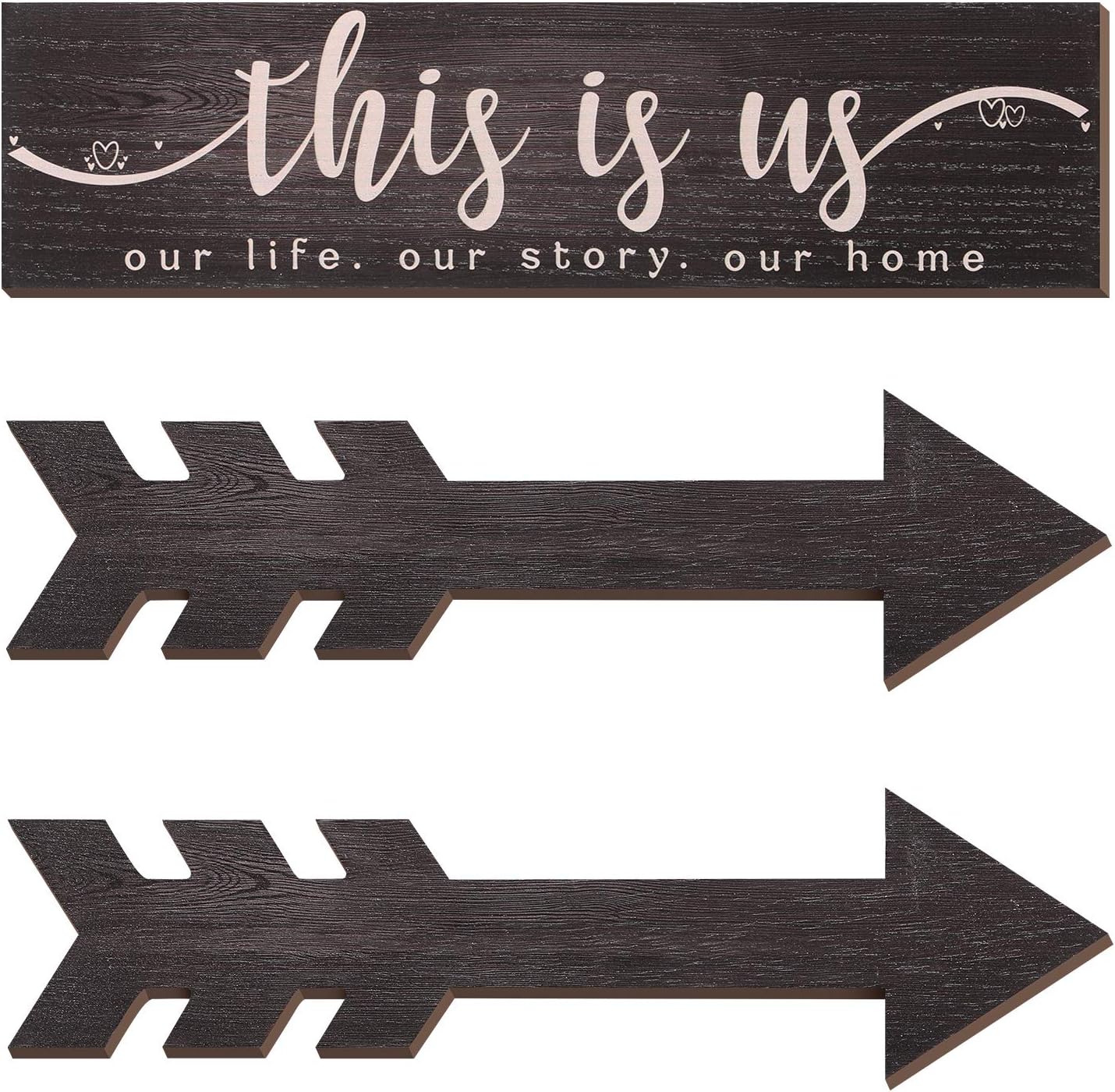 3 Pieces This is Us Wall Signs Rustic This is Us Our Life Our Story Wood Signs Farmhouse Entryway Wall Art Decor Wooden Arrow Hanging Signs for Home Bedroom Living Room (Brown)