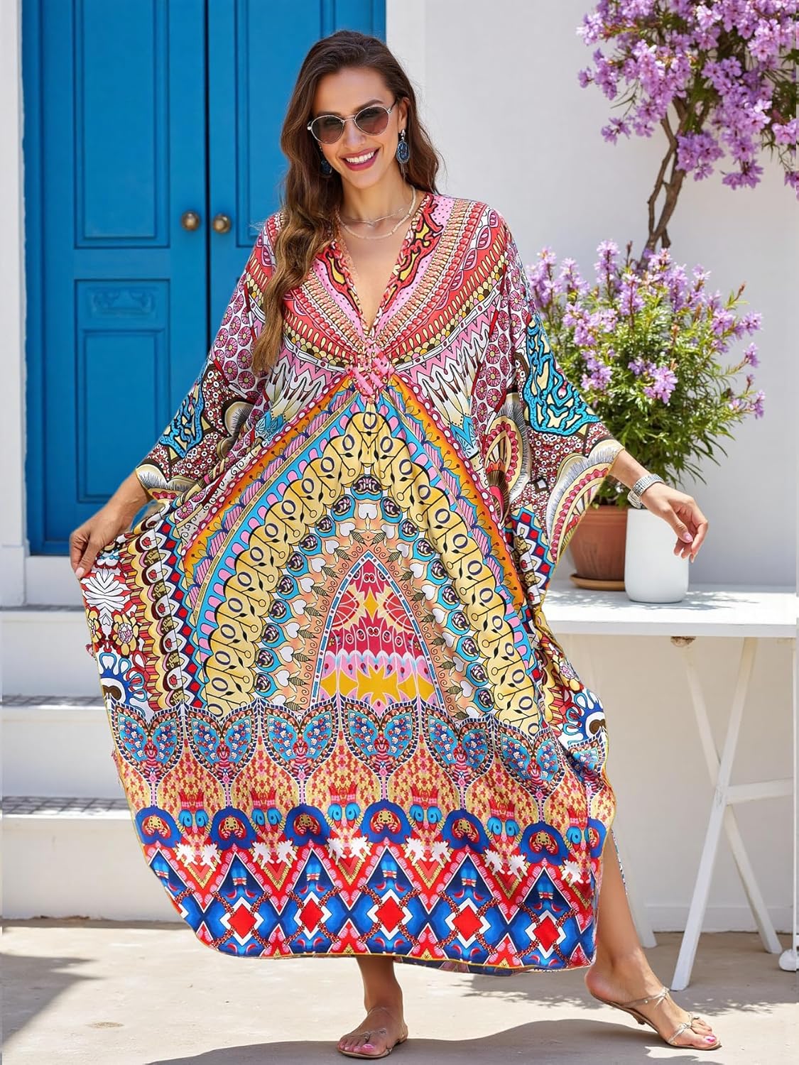Kaftan Dresses for Women Plus Size Flowy Cover Up Batwing Sleeve Beach Dress Swimsuit Loungewear Lightweight Maxi - Image 3