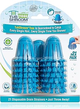 TubShroom Toss 21pk Disposable Bath Tub Drain Strainers - Hair Catcher Snare for Shower Bathtub to Prevent Clogged Drains, Traps Human and Pet Hair, One Year Supply (Blue)