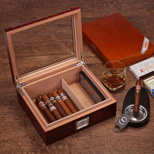 Miniatura 8 de Woodronic Humidor de cigarros con higrómetro, humidificador, forro de cedro español y divisor, caja de cigarros superior de vidrio hecha a mano para