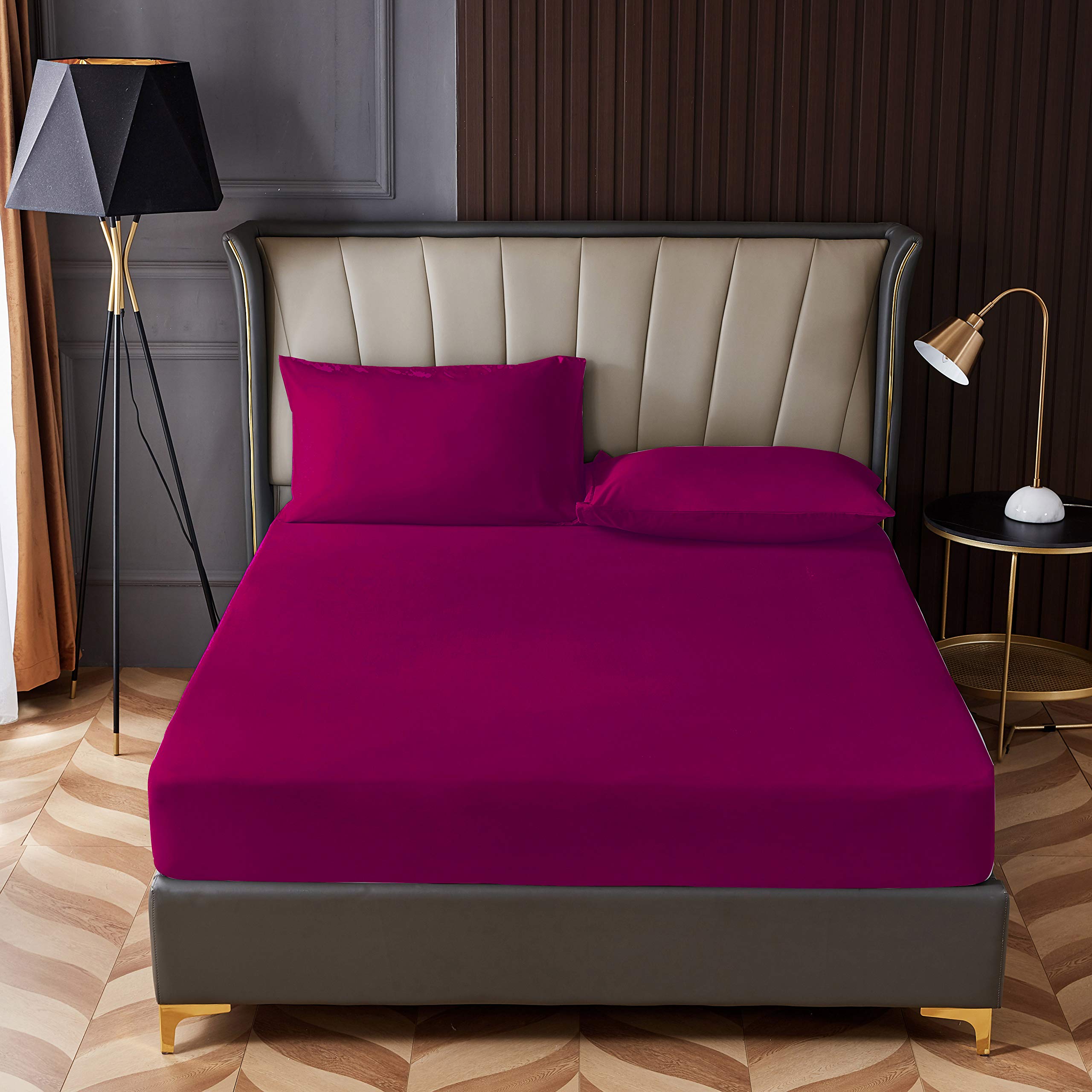 RAHALIFE HOME SOLUTION 3-Piece Fitted Bedsheet Set King Size Microfiber Plum 200x200+30cm 41039 Plum