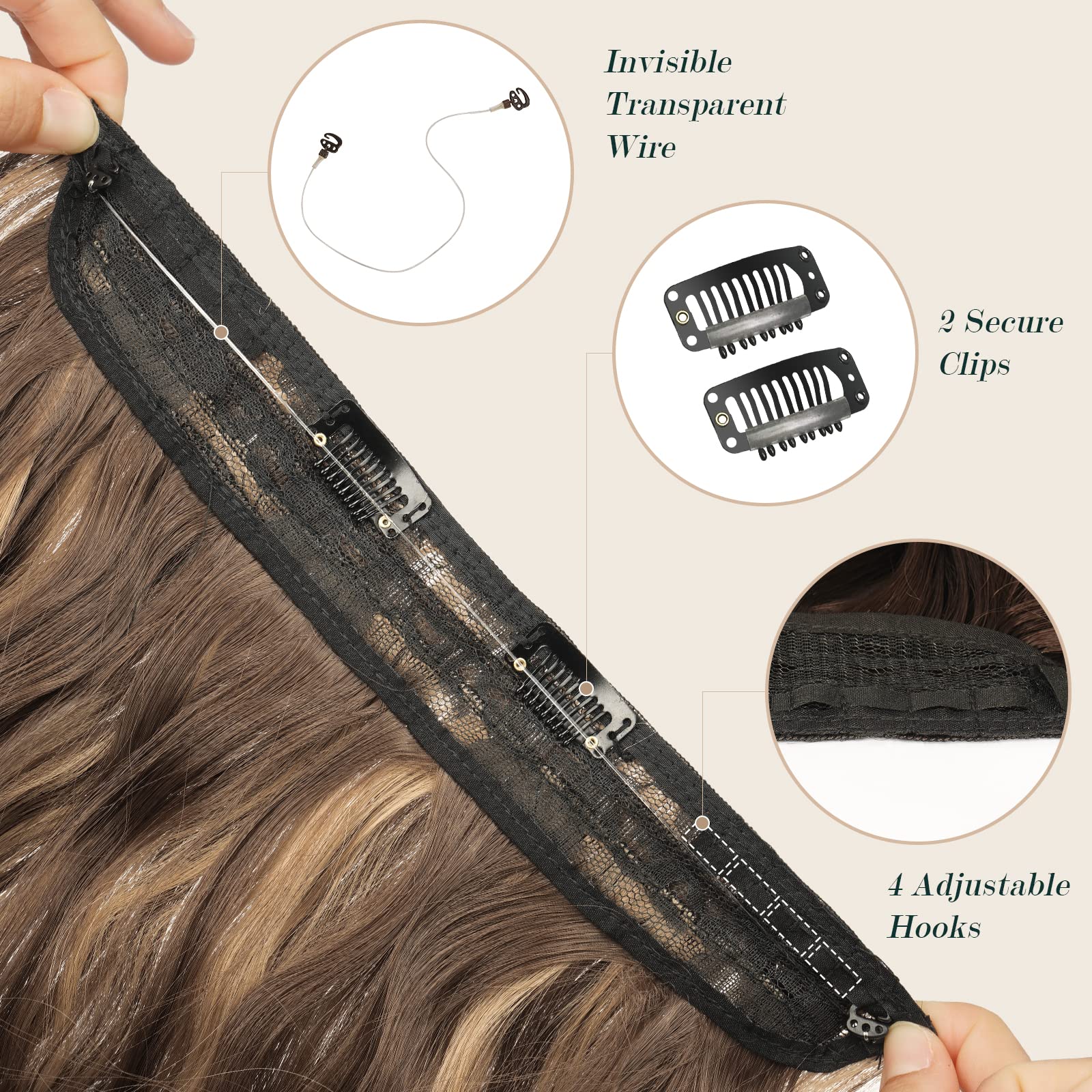 FESHFEN Extensiones Hilo Invisible Largo Ondulado Rizado Secret Extensión Invisible de Pelo sin Clips Sintética Postizos para Mujer, Rubio Miel Mixto Castaño Claro 50 cm