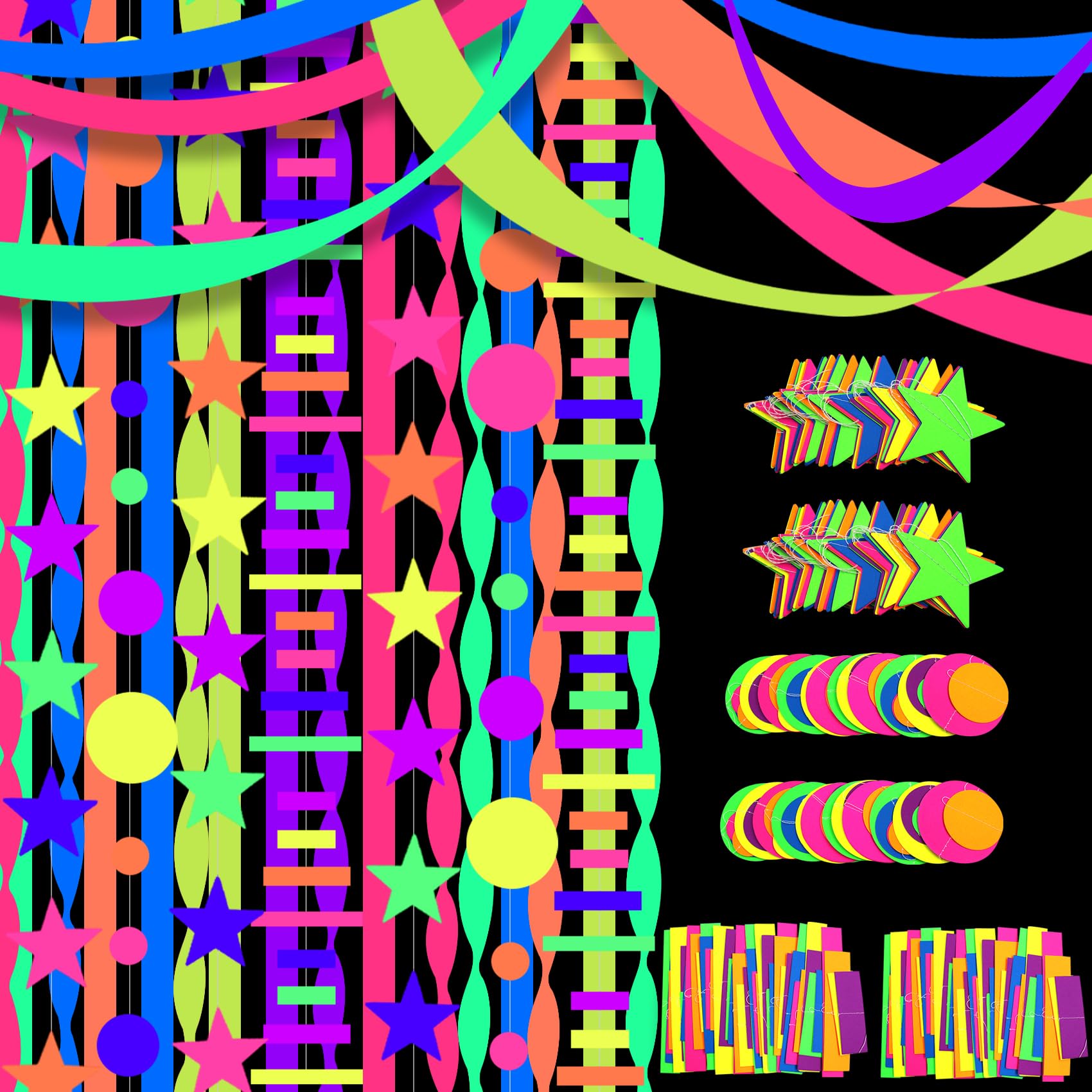 696Ft Round Dot Star Kit Banners Glow Neon Party Paper Streamers Glow in The Dark UV Reactive Neon Party Supplies for Neon Party Supplies Wedding Neon Party Decorations Glow in The Dark Party…