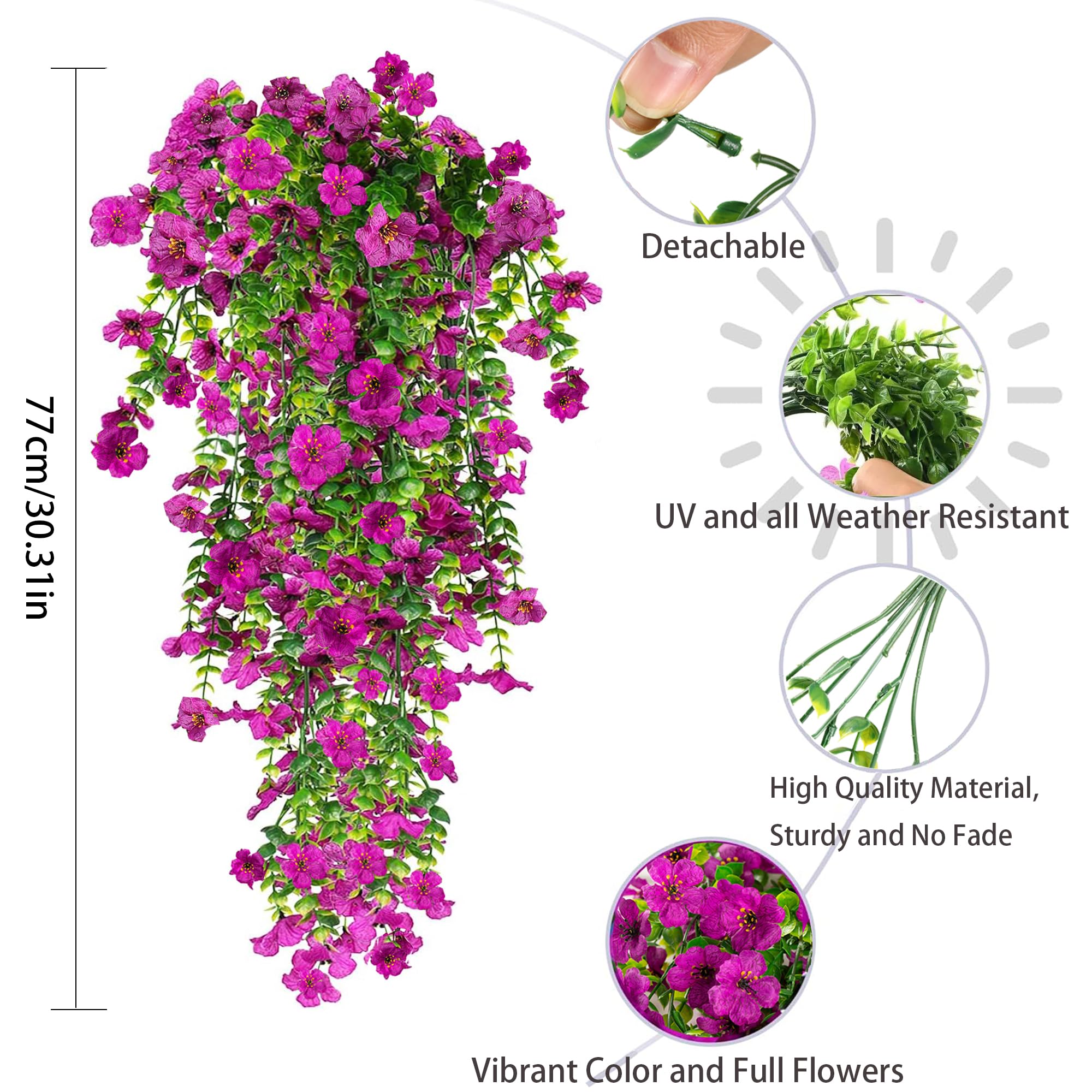 4 Piezas de Flores Artificiales Colgantes Exteriores, 77cm A Los Rayos UV Resistentes Artificiales Plantas para Jardines, Balcones, Patio, Paredes, Inicio Cocina Decoración (Morado)