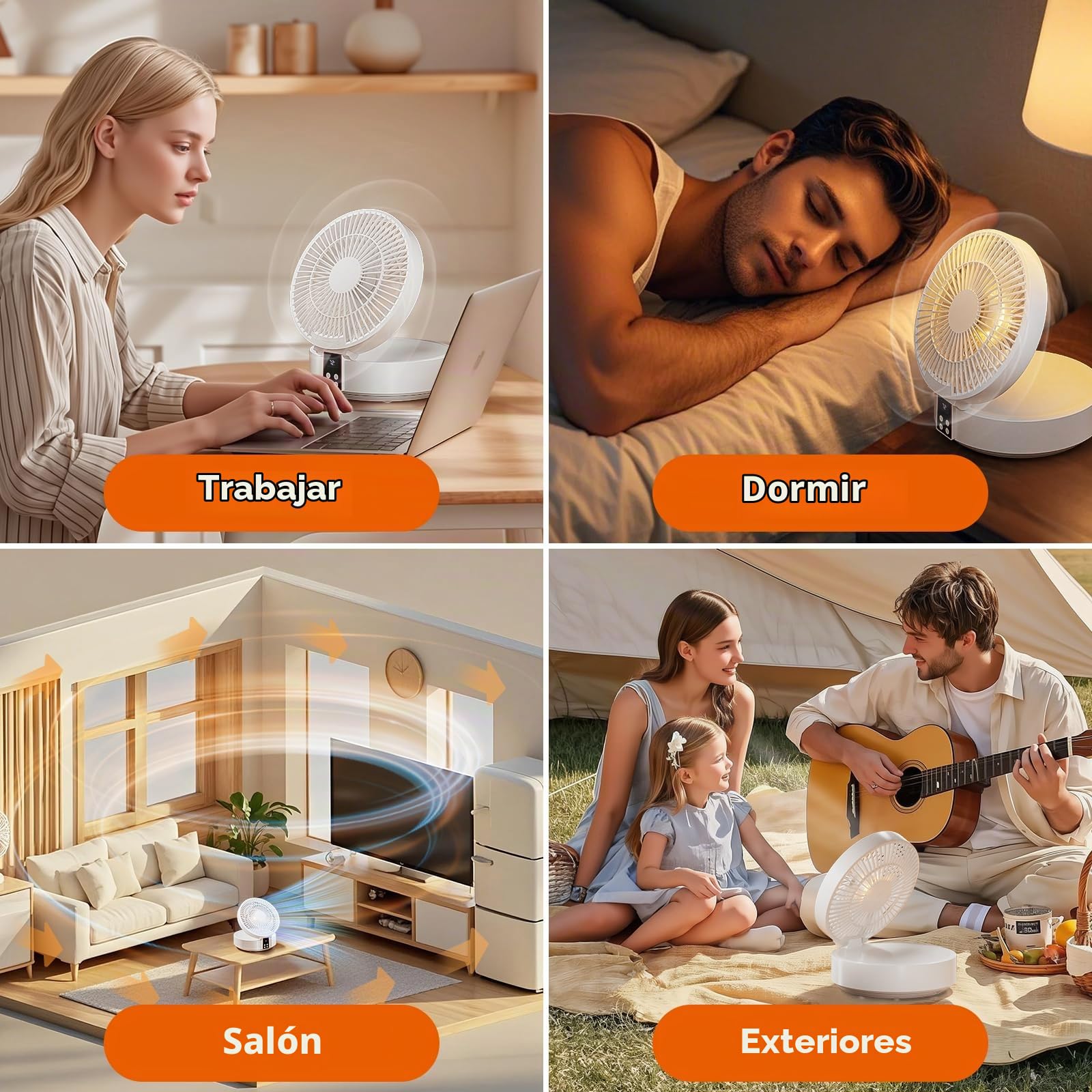 Ventilador de Mesa, Ventilador Silencioso Potente con Mando a Distancia, Auto Oscilación, 3 Velocidades, Ventiladores de Sobremesa Recargable para Oficina, Dormitorio y Cámping - Blanco