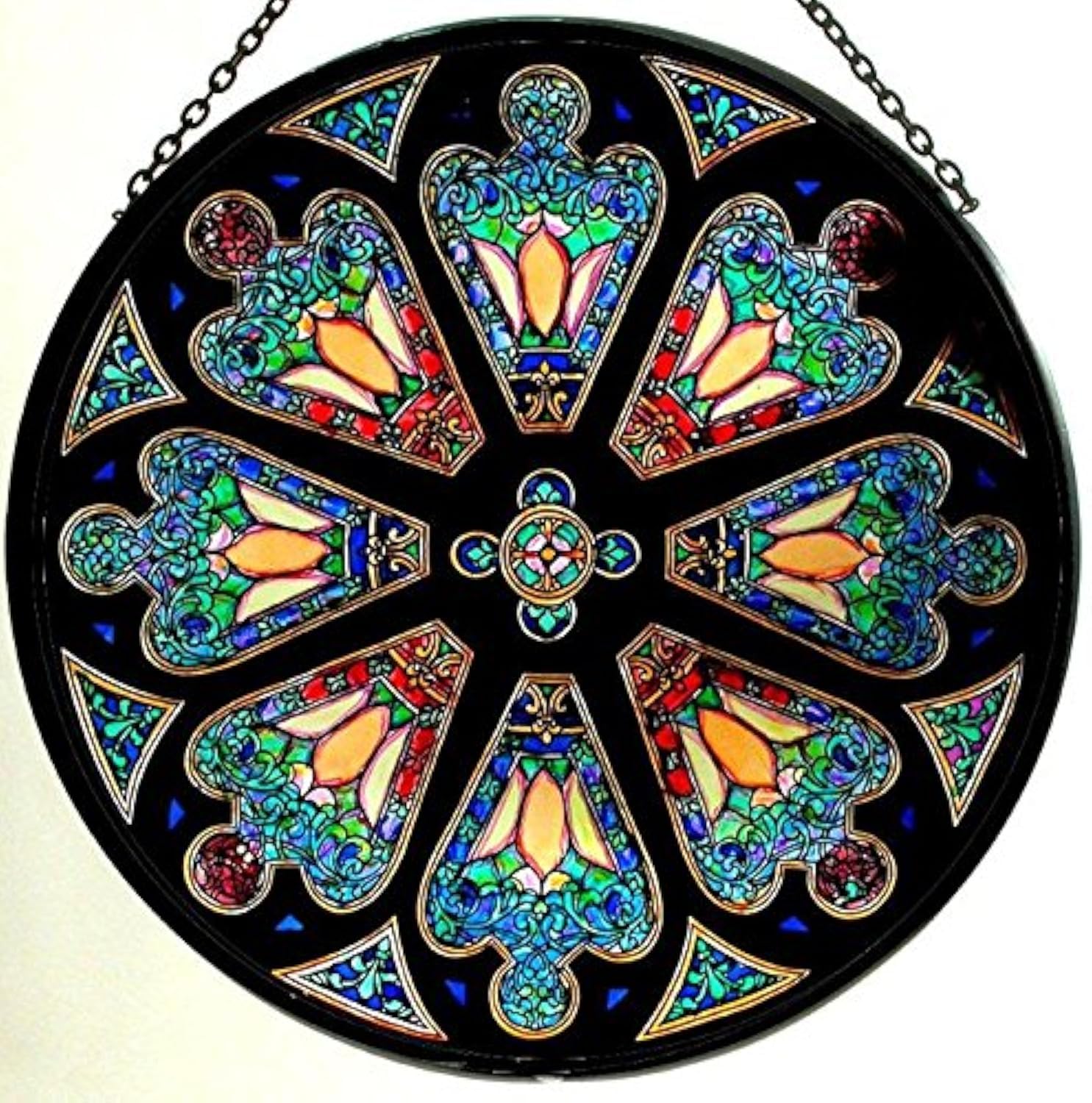 Decorative Hand Printed Stained Glass Window Sun Catcher/Roundel in a Tiffany Rose Window Design