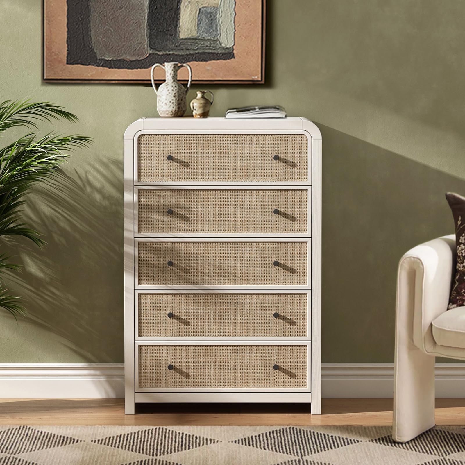 Oak&Sparrow 5 Drawer Tall Dresser for Bedroom, 47'' Rattan Dresser with Ample Storage, Boho Chest of Drawers, Thickened Curved Profile Design, Oak Dressers for Bedroom, Living Room : Home & Kitchen