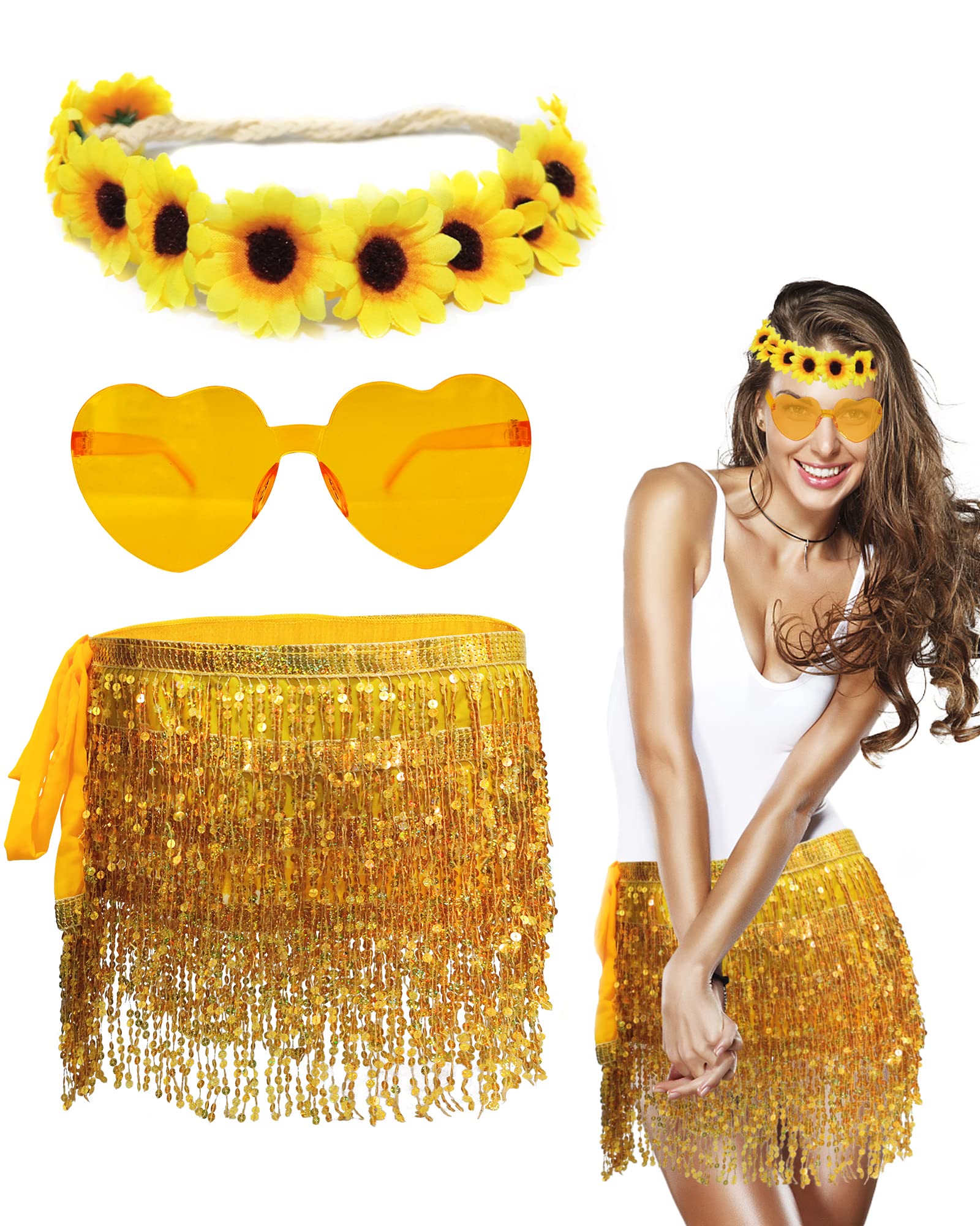 Hawaiian Costumes Accessory Kit Hawaii Luau Party Gold Sequins Wrap Skirt Belly Dance Outfit for Women with Headband Sunglasses