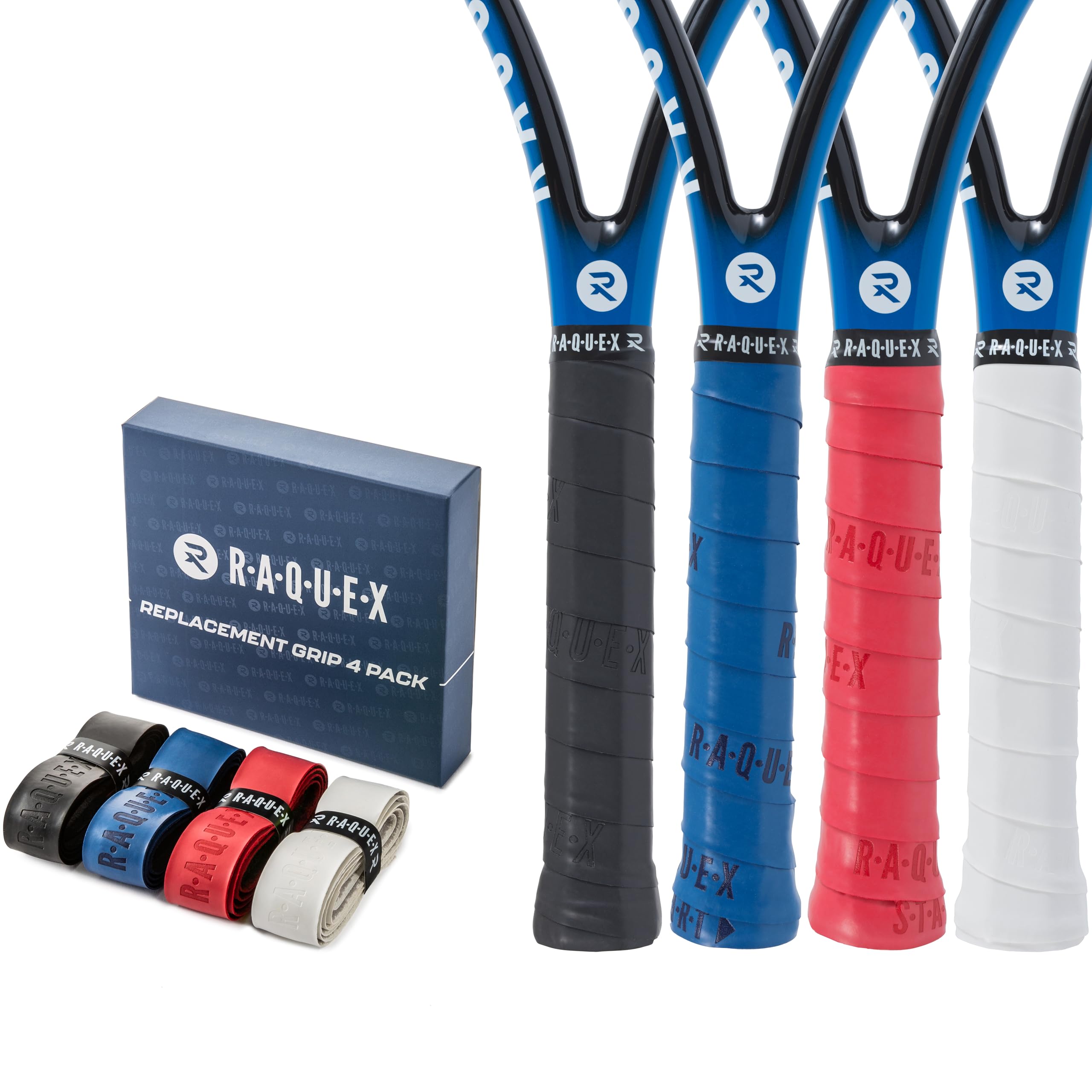 Raquex Lot de 4 Grips de Remplacement en polyuréthane : Tennis, Squash, Badminton. Grip Autocollant. Emballage Cadeau en Carton Recyclable