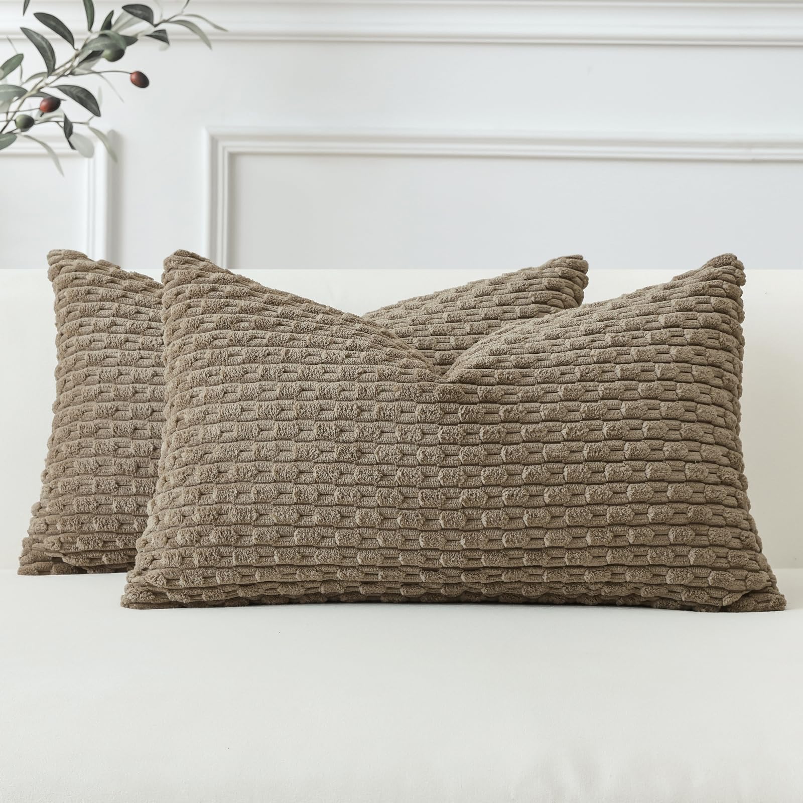 Sungeek Set of 2 Brown Soft Corduroy Decorative Cushion Covers Boho Striped Throw Pillow Covers for Sofa Couch Living Room Patio Farmhouse Home Decor Pillowcases 40x60cm โ image 1
