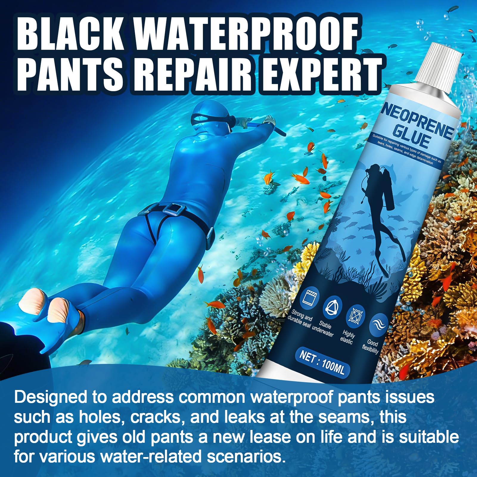 Allony Neoprene Adesivo, Colla Neoprene per Muta, Colla per Riparare Muta in Neoprene, Impermeabile e ad Asciugatura Rapida, Adatto per Riparare Buchi e Strappi su Mute, Waders, Nero, 100ML