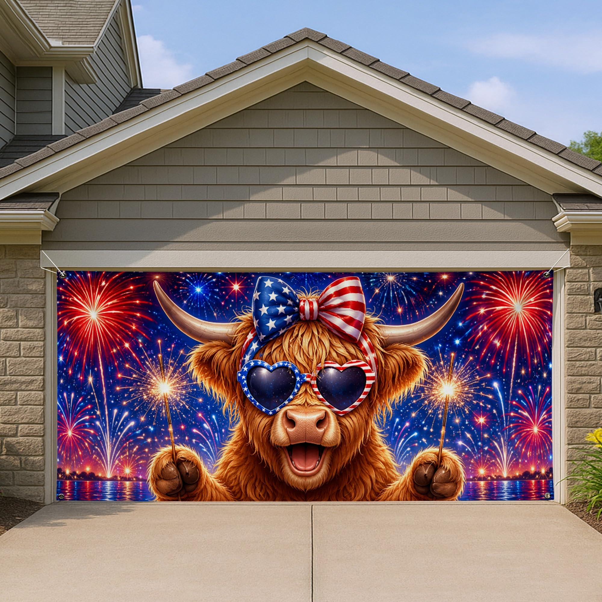 Mural textil para puerta de garaje con vaca escocesa y fuegos artificiales
