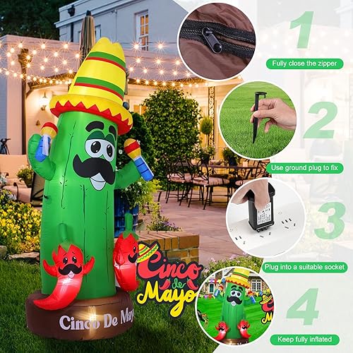 Miniatura 6 de Decoración inflable de carnaval del Cinco de Mayo de 7 pies, decoración inflable de cactus para carnaval mexicano, luz LED integrada, adecuada para