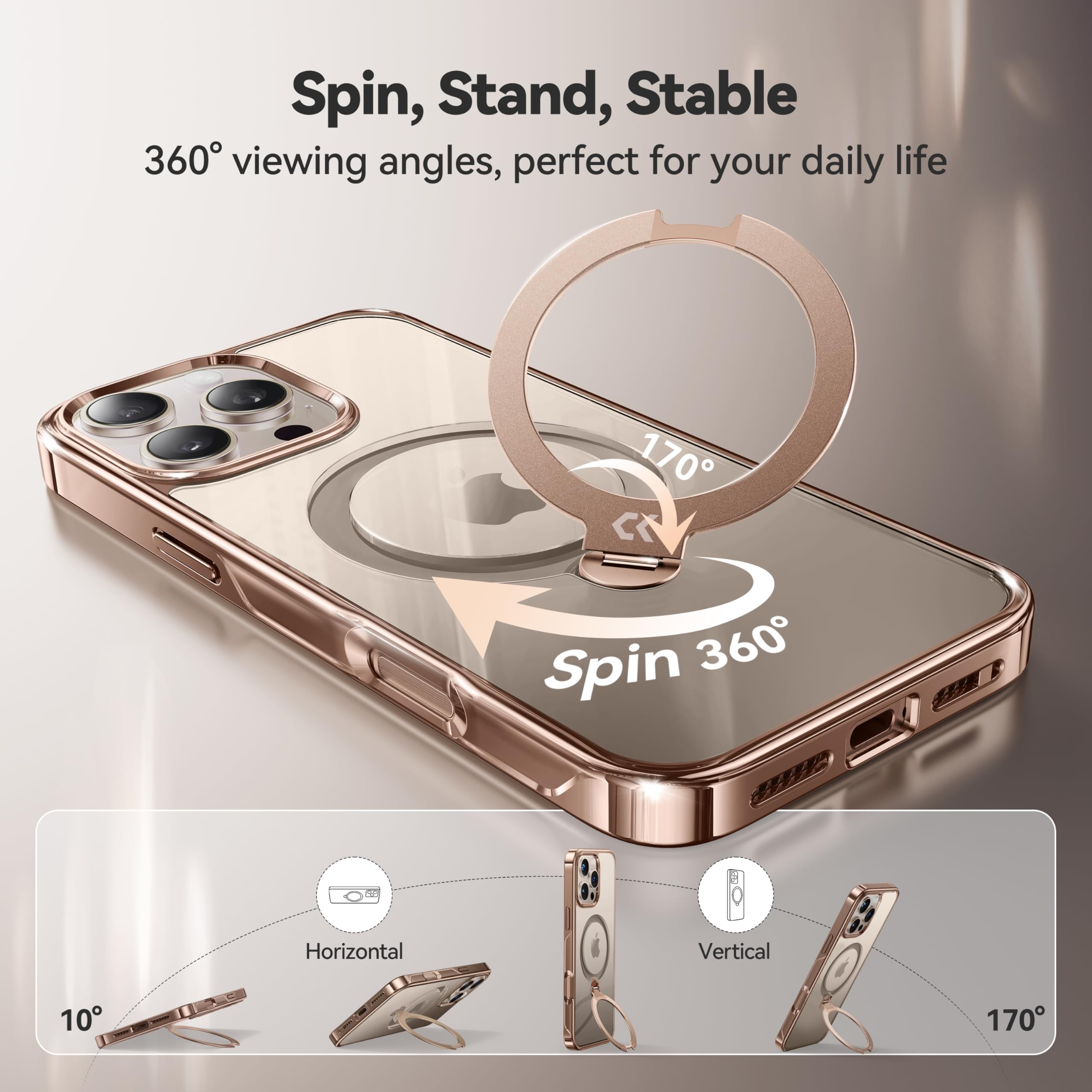 CASEKOO for iPhone 16 Pro Max Case Desert Titanium 360 Spin Magnetic Stand [Compatible with Magsafe][16FT Military Protection] Slim Polished Frame Titanium Alloy Sturdy Stand 6.9", Rose Gold for iPhone 16 Pro Max 6.9'' Gold