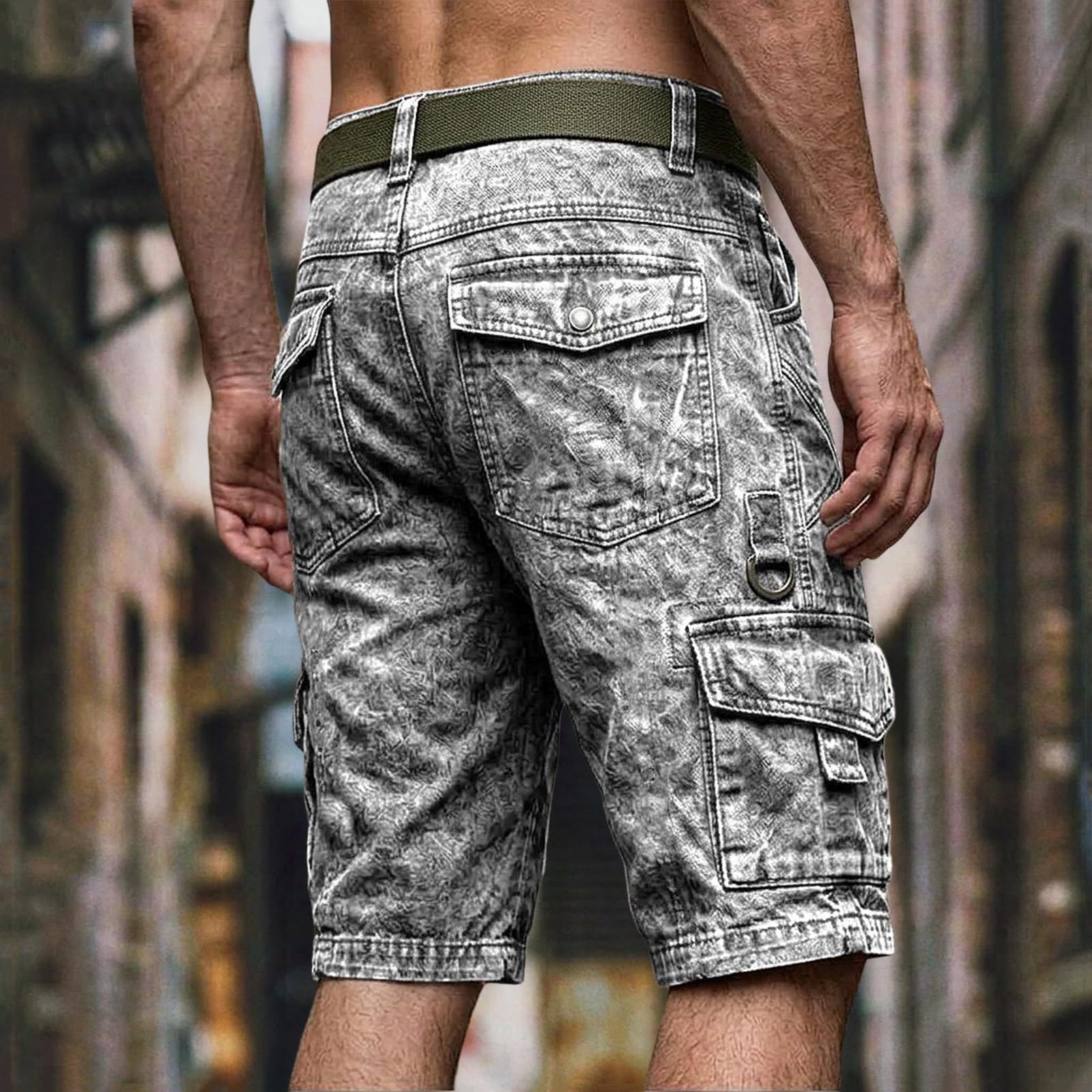 Pantaloni cargo da uomo, pantaloncini da lavoro, con tasche multiple, per il tempo libero, in cotone, traspiranti, per attività all'aperto, con cintura, vestibilità regolare, tinta unita, lunghezza al