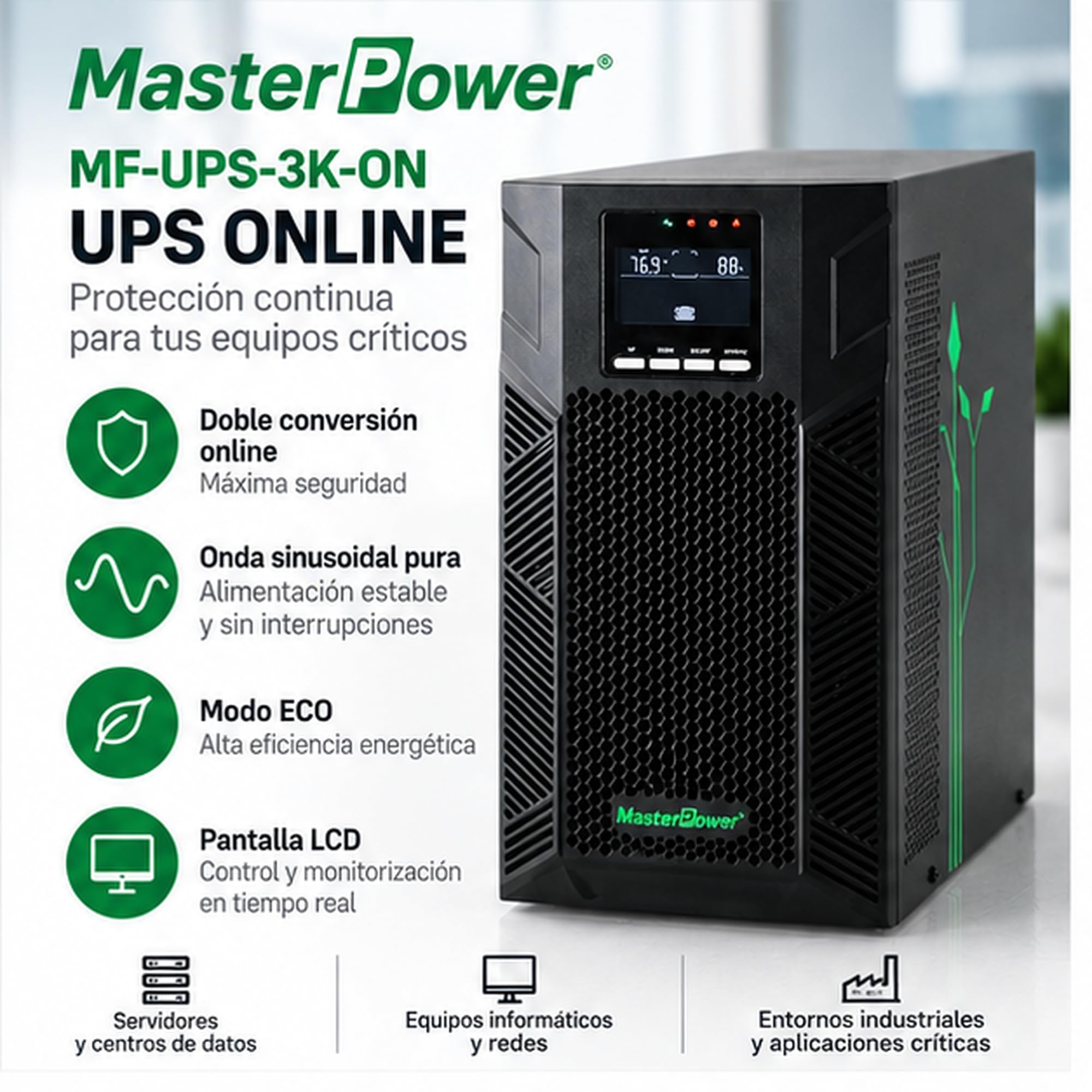 Master U-Power SAI UPS 3000VA 2700W Online Doble Conversión, Onda Senoidal Pura, 3 Schuko, Baterías 6x12V 9Ah