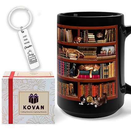 Kovan Library Bookshelf Mug Book Lovers Coffee Mug Library Mug for Cat and Book Lover Book Coffee Mug Book Mug Bookworm Mug Book Club Cup - Gifts for Readers Bookish Black Mug 15Oz With Keychain