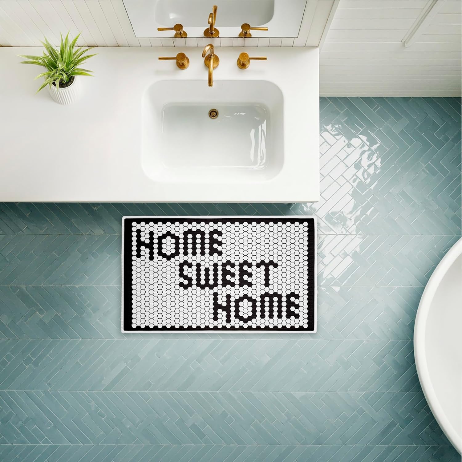 Stupell Industries Sweet Home Mosaic Pattern Plush Bathroom Mat & Bath Rug, Soft Quick-Dry Non-Slip Bathroom Rug with Recycled Foam Cushion, Geometric Tile Pattern Design by Elizabeth Medley, 18"x30"
