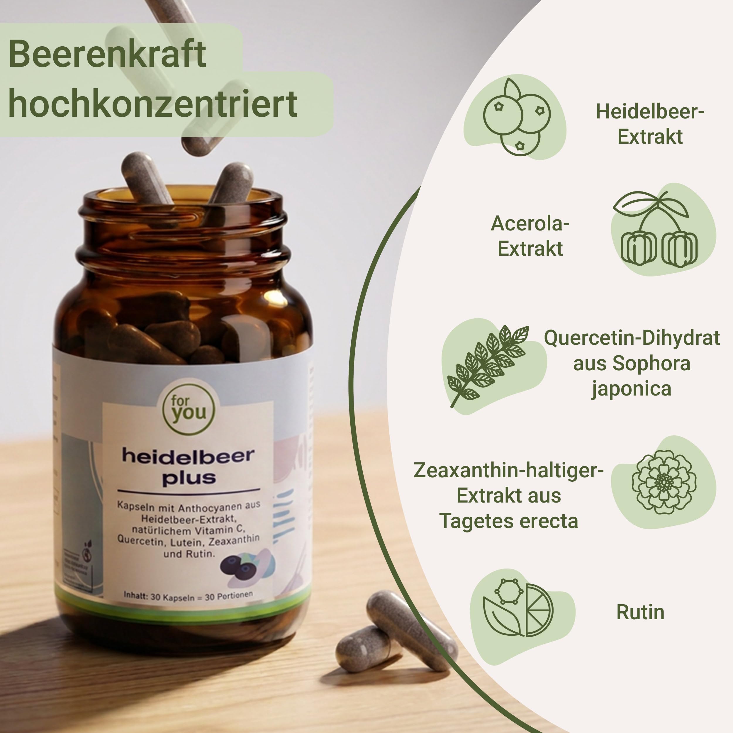 for you heidelbeer plus Doppelpack 30 Kapseln | mit sekundären Pflanzenstoffen, Anthocyanen, aus Heidelbeerextrakt und Quercetin | 50mg Anthocyane pro Kapsel