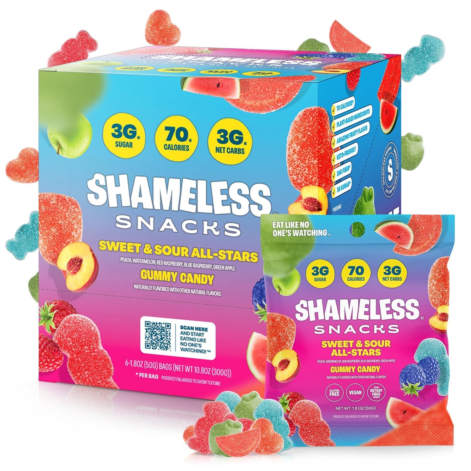 Shameless Snacks Sweet & Sour Allstars – Candy Variety Pack | Sour Gummy Candy | Healthy Vegan Snacks | Low Sugar Fruit Snack | 6-Pack, Gluten Free | Red Raspberry, Watermelon, Peach, Green Apple