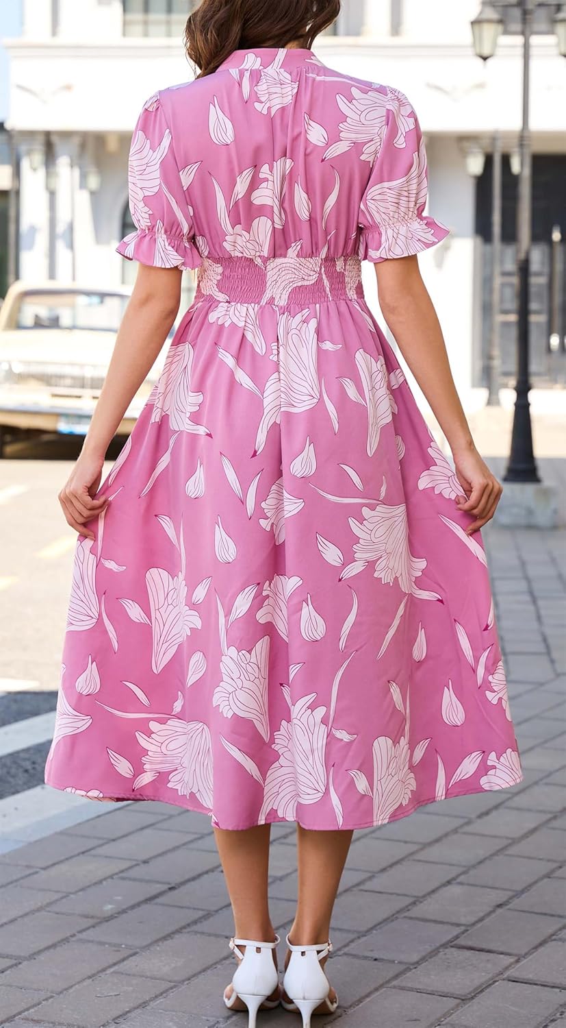 Kormei Women's Casual V Neck Boho Floral Short Sleeve Button Down Split A line Summer Beach Party Long Dress with Pockets - Image 5