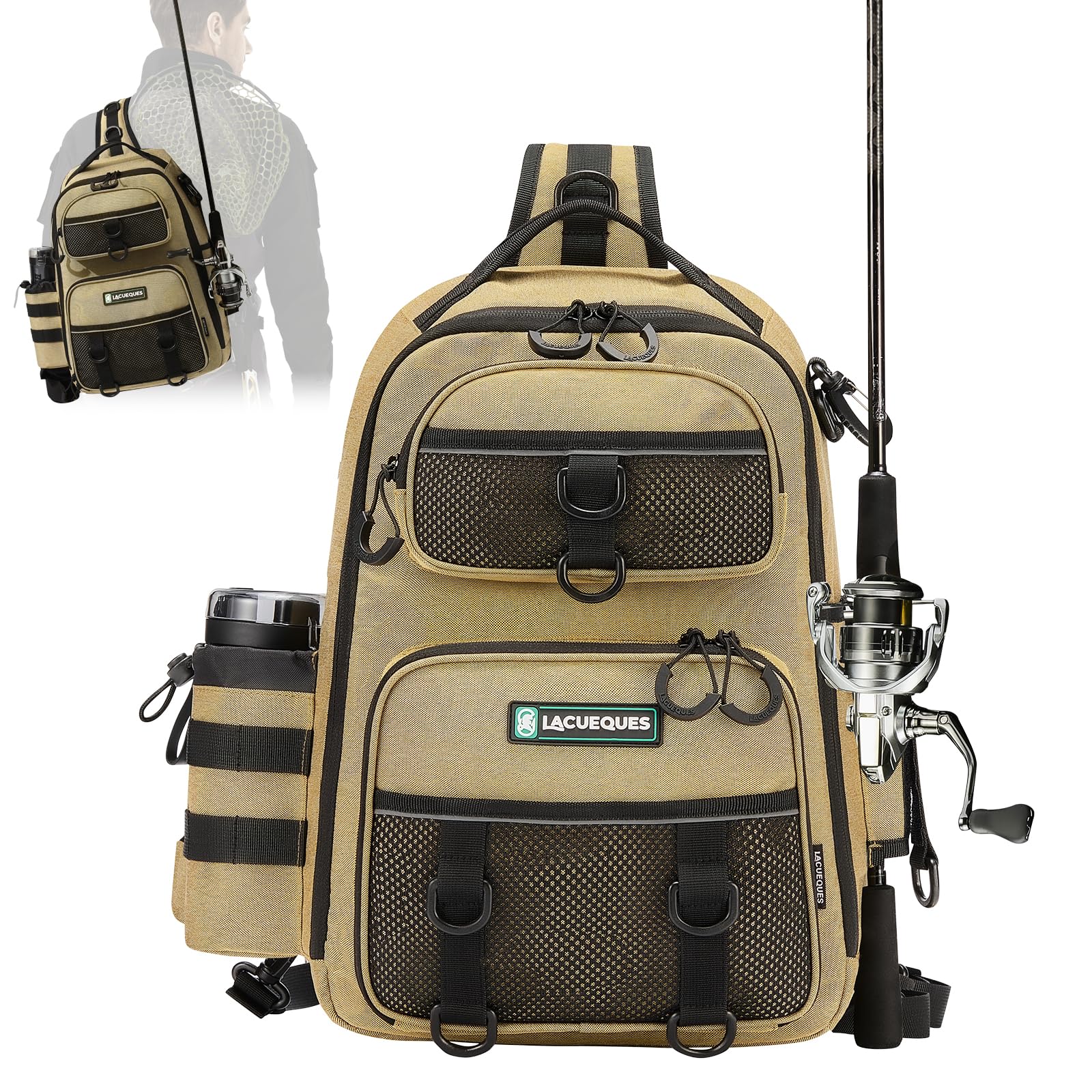 22L Fly Fishing Sling Bag - Fits 3x 3700 Tackle Boxes, 12 D-Rings, Rod Holster, Water Bottle Holder, Phone Pocket (Grey)