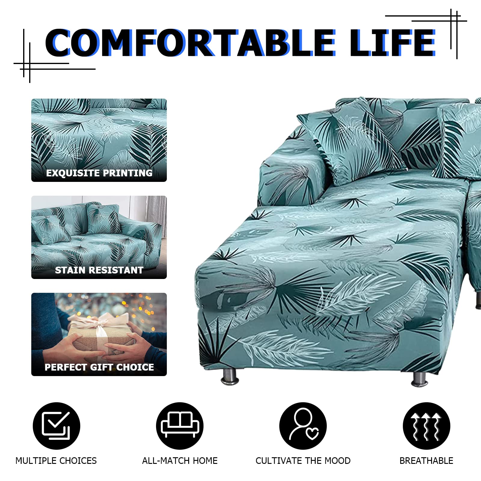 Lydevo Copridivano con Penisola Elasticizzato,Copridivano Angolare a Sinistra/Destra Universale con 2 Federi,Fodere Divano Penisola Forma di L,Chaise Longue Sofa Cover(3+3,Foglie Blu)