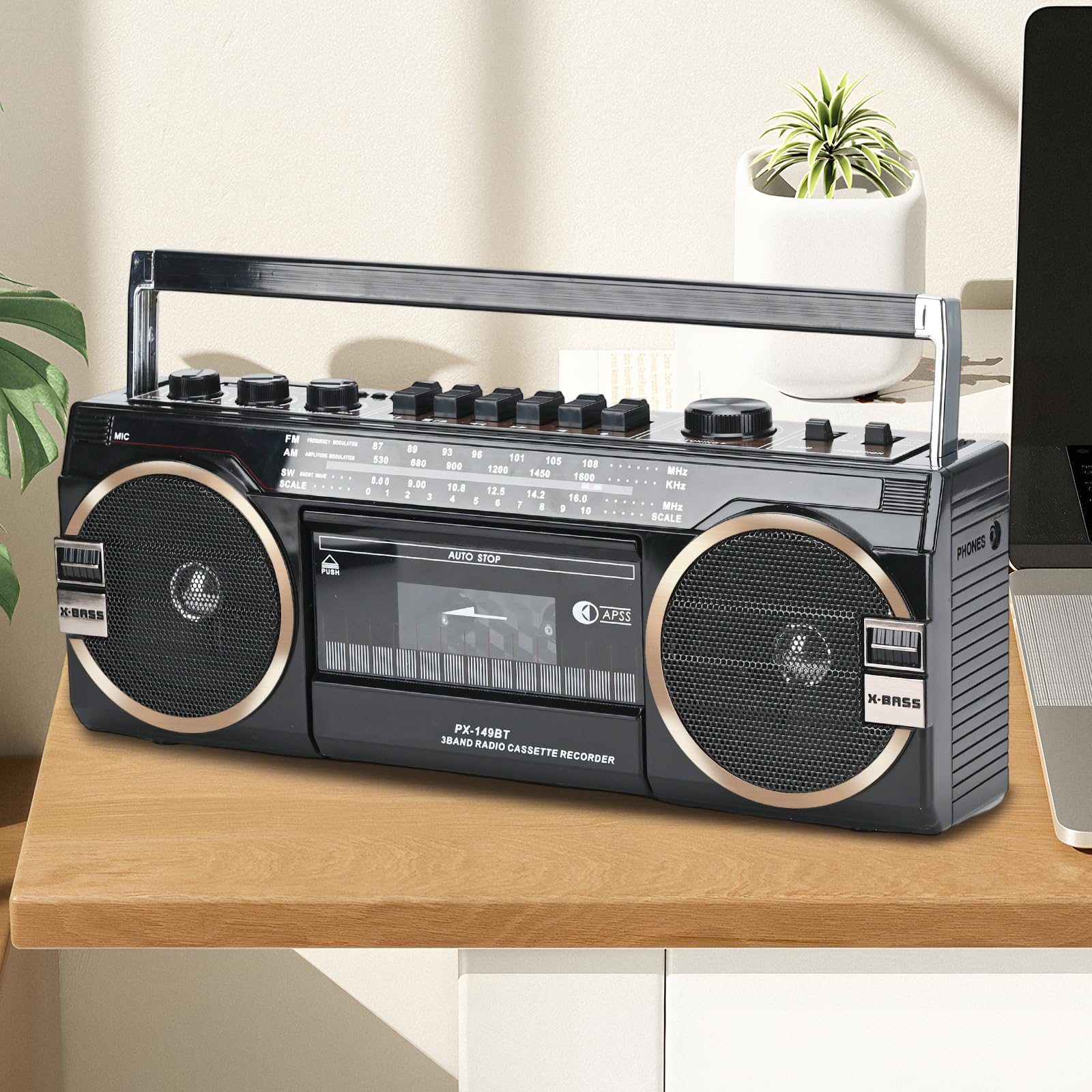 Lychee Enregistreur à Cassettes Portable, Enregistreur à Cassettes Vintage avec Radio AM/FM/SW, Haut-Parleur intégré, AC/DC, Prise Casque 3,5 mm, supporte Carte SD/entrée USB (Noir)