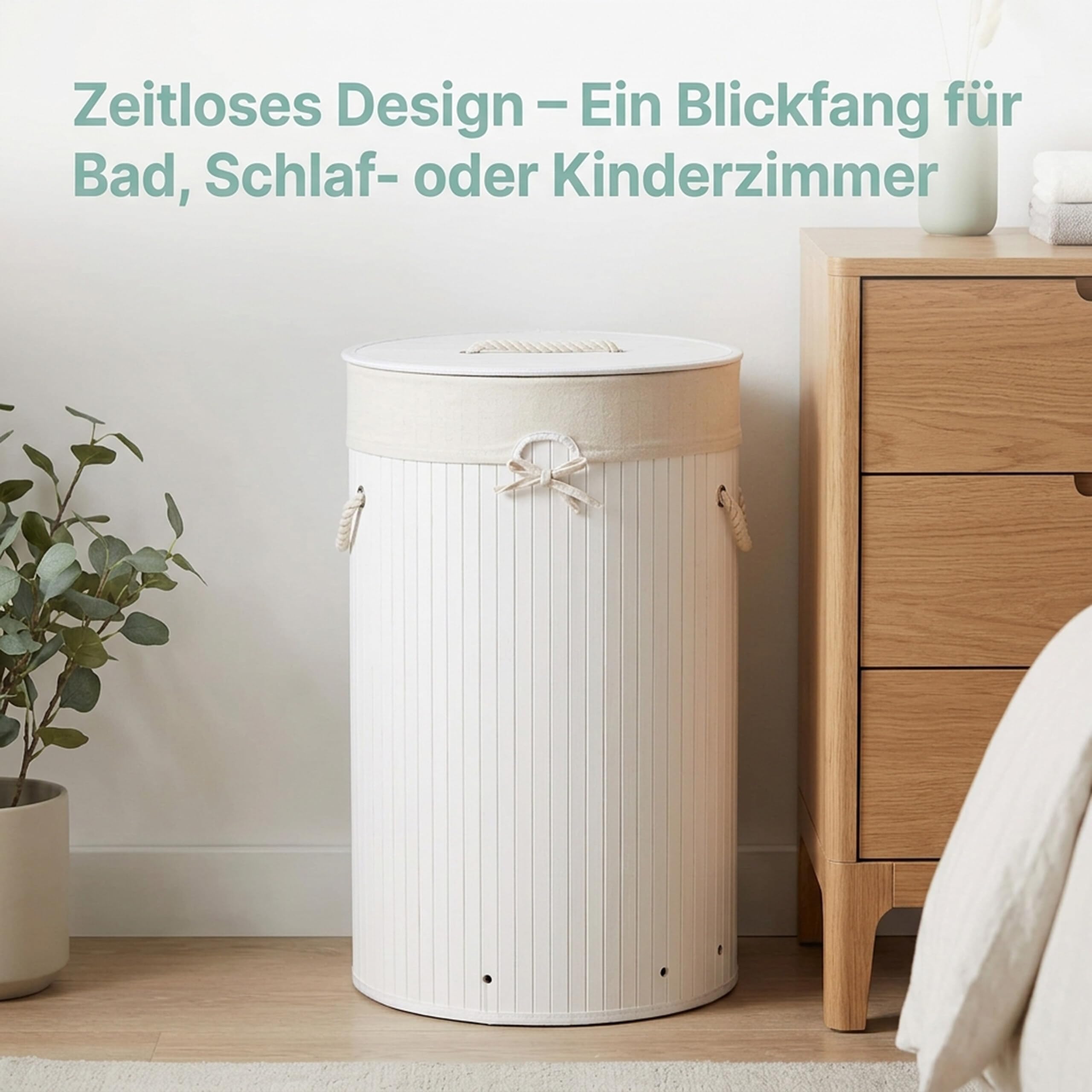 Relaxdays Wäschekorb Bambus, faltbare Wäschetonne mit Deckel, Volumen 70 l, Wäschesack Baumwolle, rund Ø 41 cm, weiß