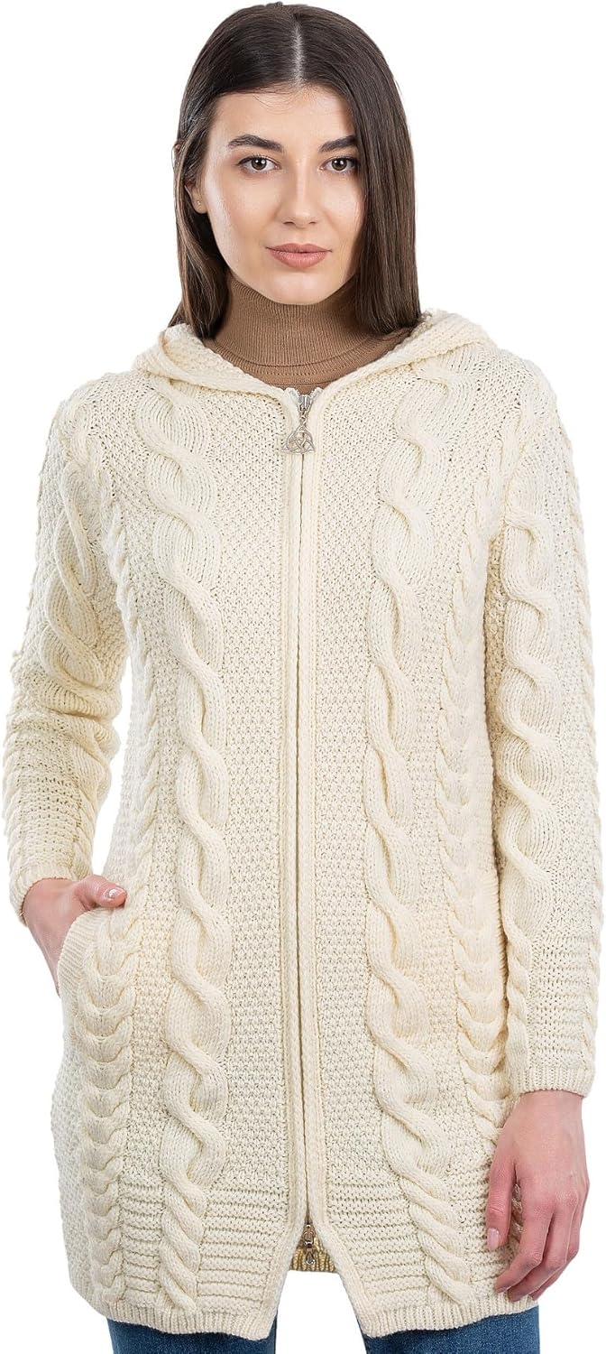 SAOL 100% Merino Wool Aran Cable Knit Hooded Zip Cardigan Irish Coat