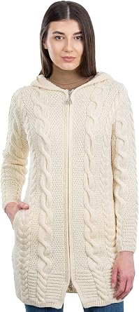 SAOL 100% Merino Wool Aran Cable Knit Hooded Zip Cardigan Irish Coat