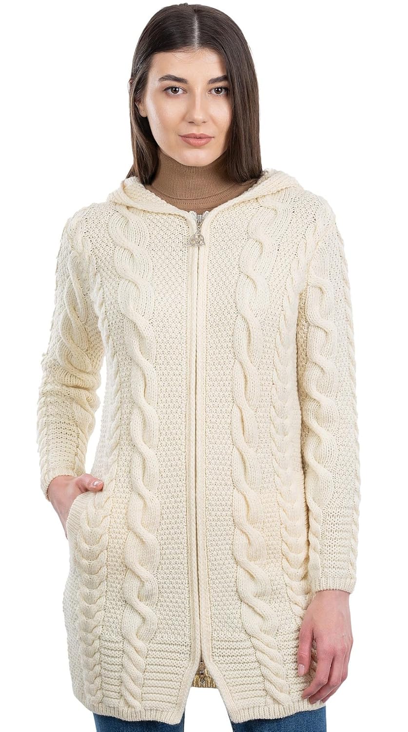 SAOL 100 Merino Wool Aran Cable Knit Hooded Zip Cardigan Irish Coat
